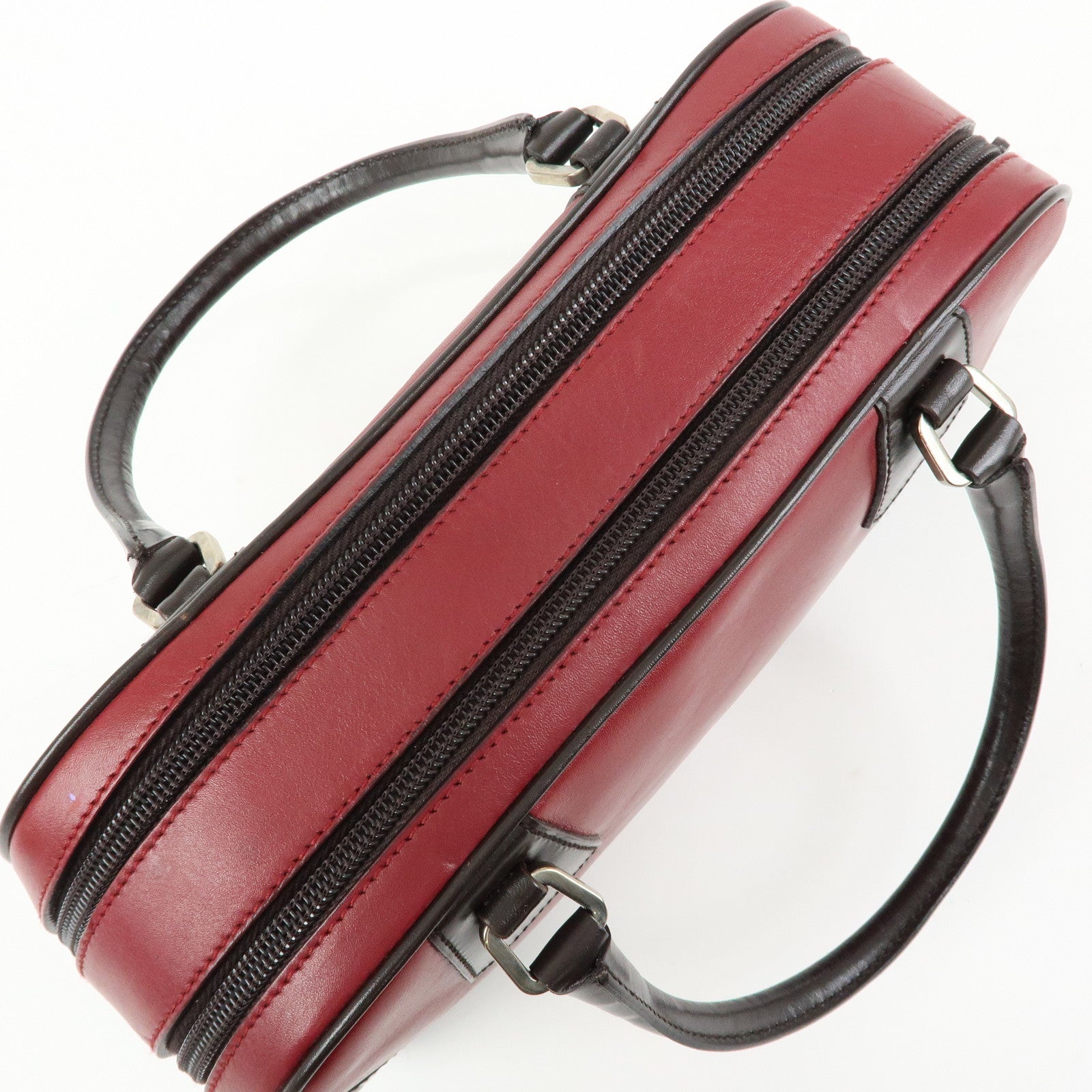 PRADA Leather Bicolor Hand Bag Mini Boston Bag Red Brown