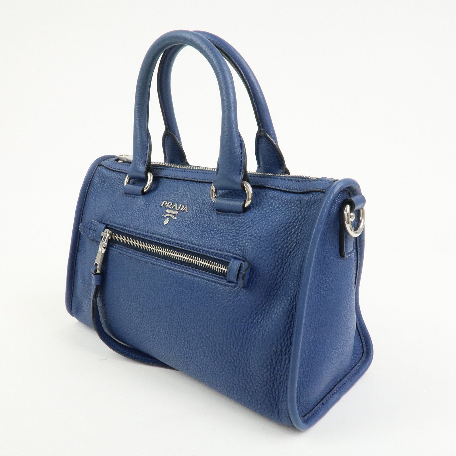 PRADA Leather 2Way Bag Hand Bag Shoulder Bag Blue Silver