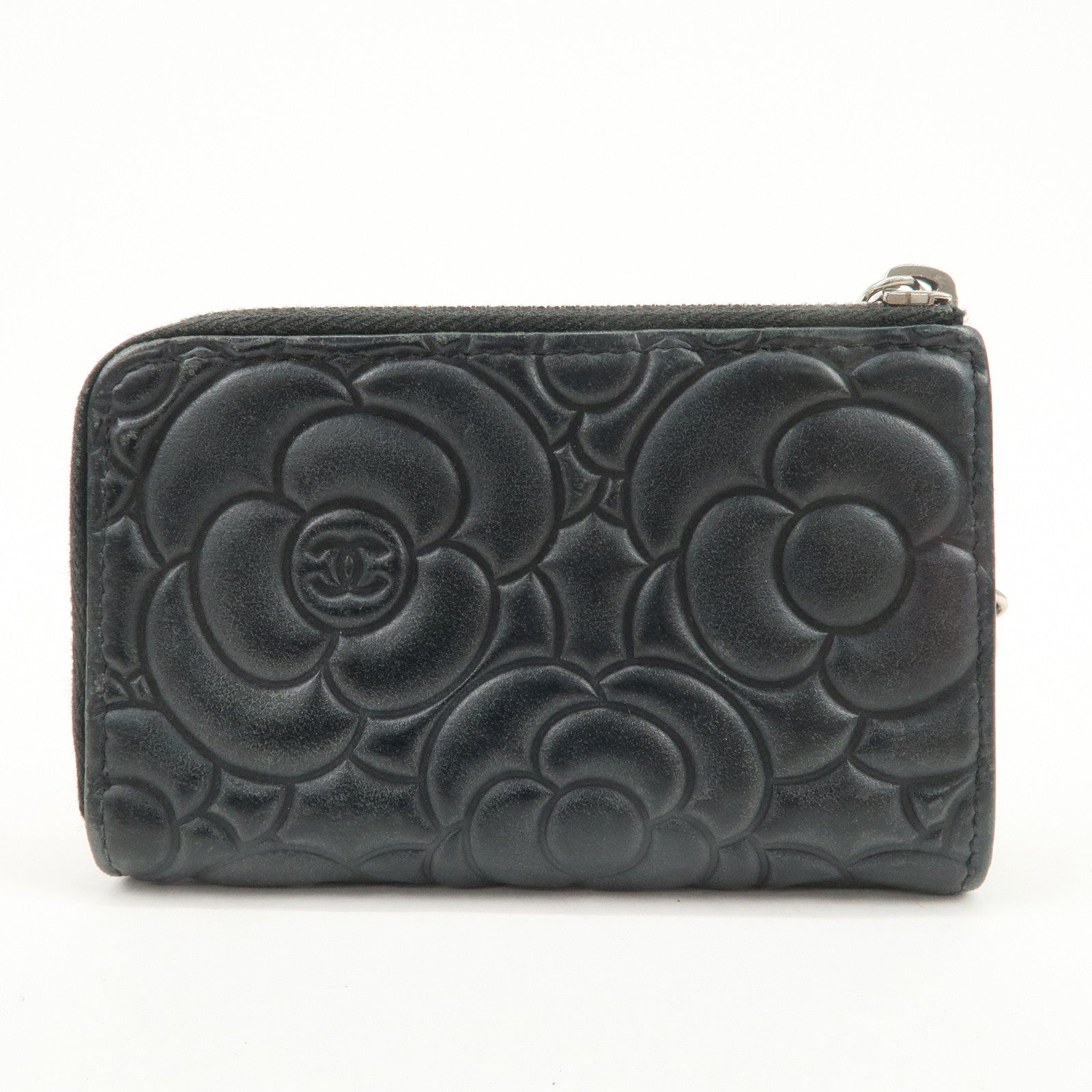 CHANEL Camellia Lamb Skin Coin Case Coin Purse Black