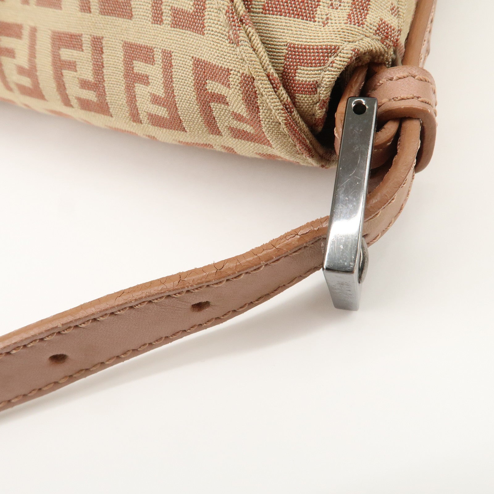 FENDI Mamma Baguette Zucchino Canvas Leather Pink Beige 8BR003 Used