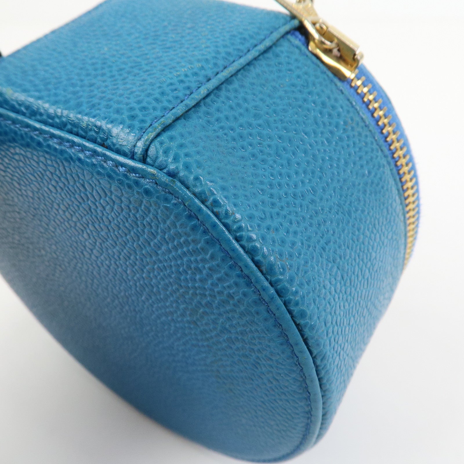 CHANEL COCO Mark Caviarskin Round Cosmetic Pouch Blue Gold