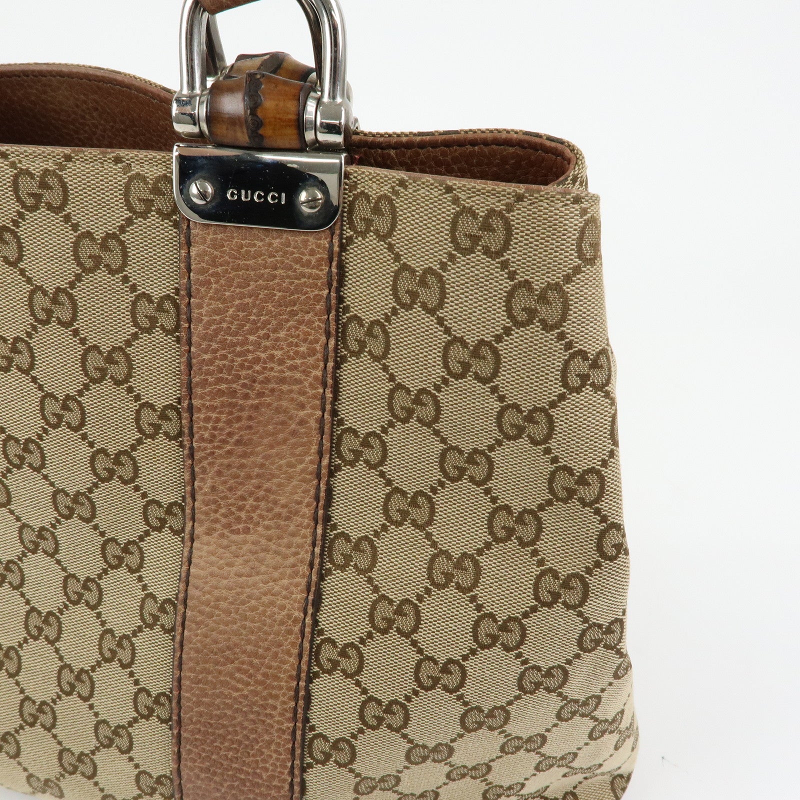 GUCCI Bamboo GG Canvas Leather Tote Bag Hand Bag Beige Brown 232947