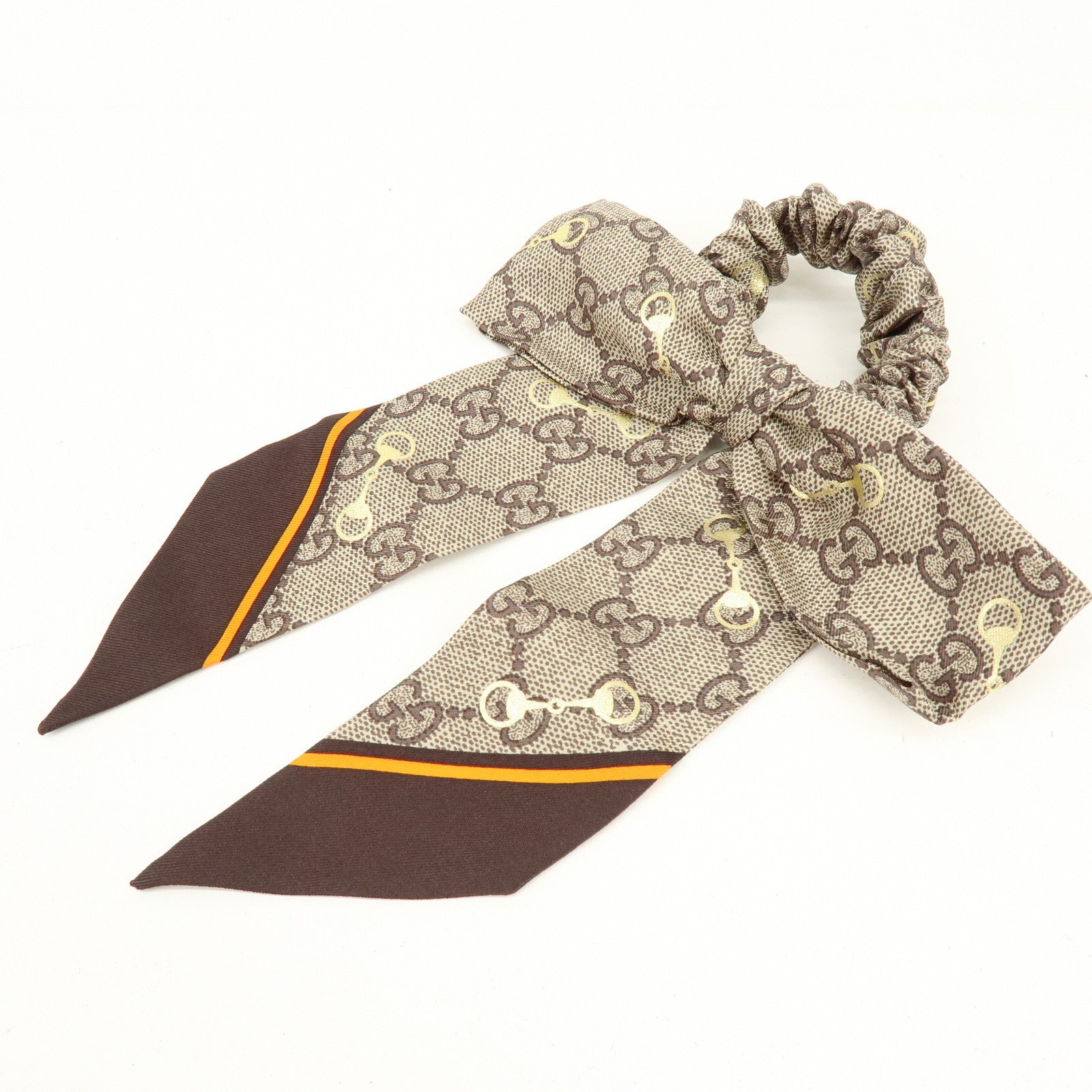 GUCCI Horsebit Silk 100% Scrunchie Hair Accessory Gray Beige Brown
