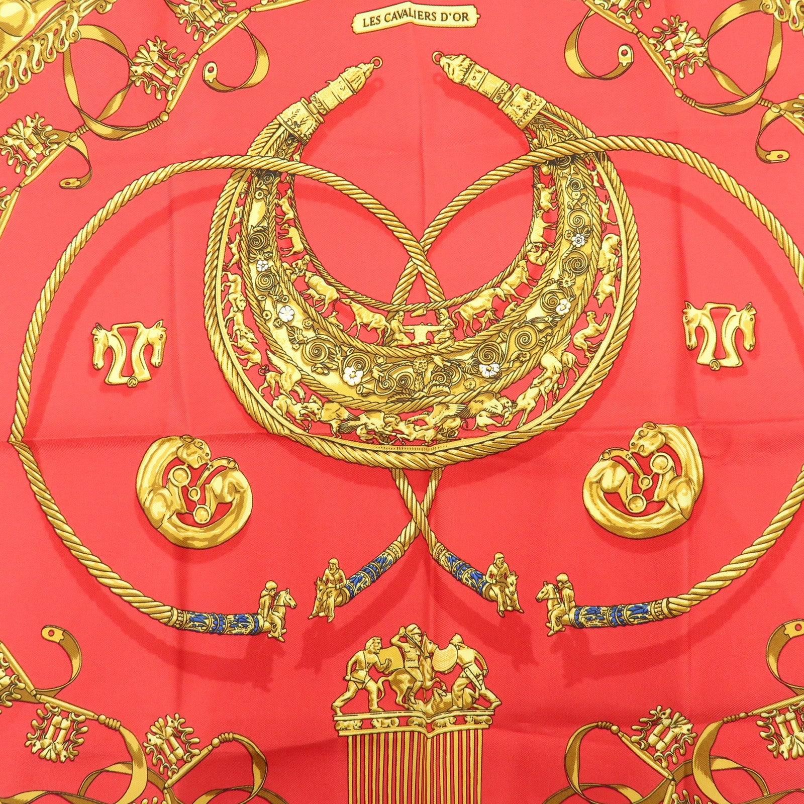 HERMES Carre 40 Silk Scarf LES CAVALIERS D'OR Knight Motif Red Gold
