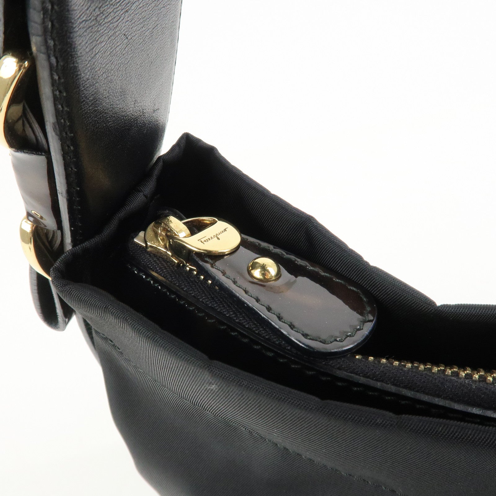 Ferragamo Nylon Patent Leather Shoulder Bag Hand Bag Leopard Black