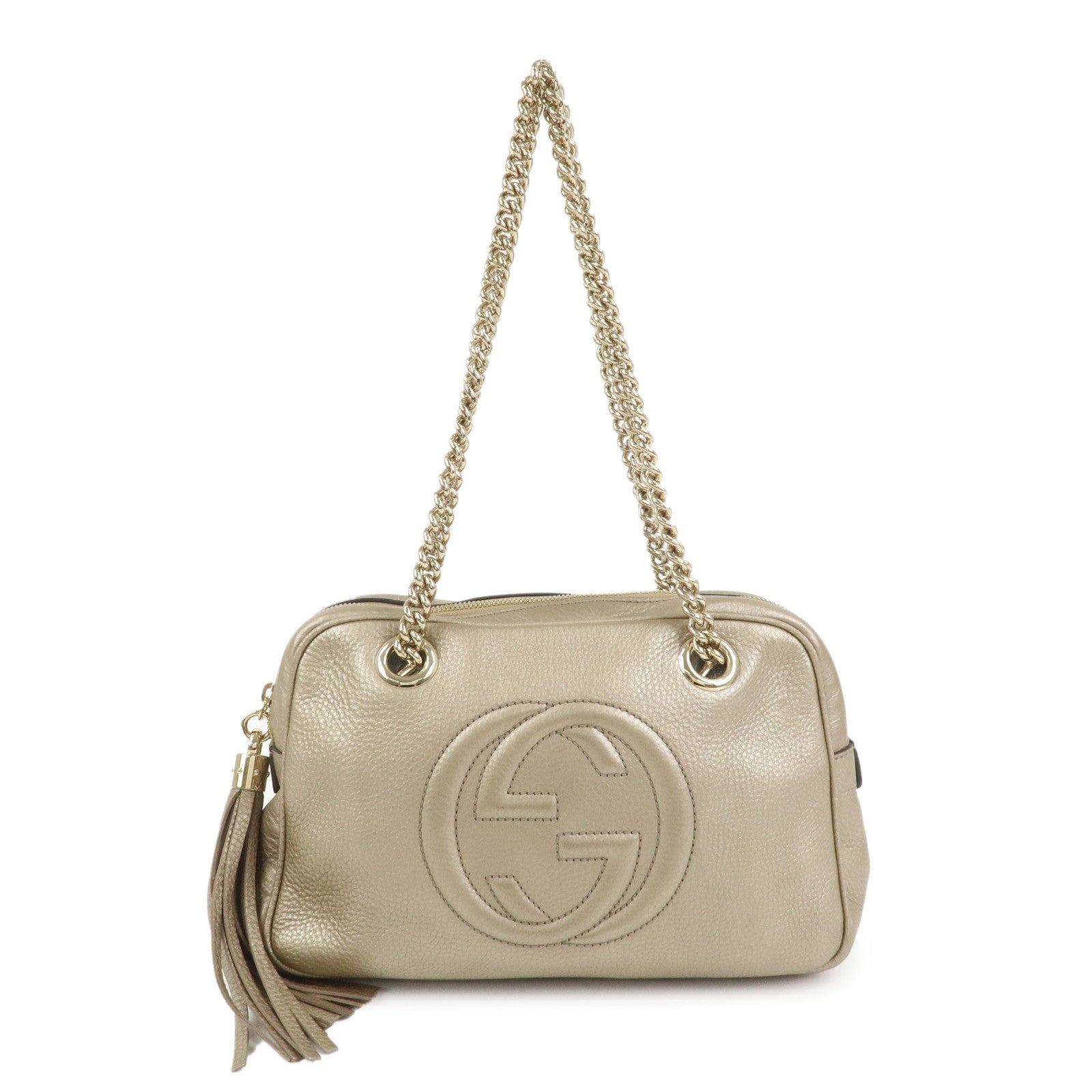 GUCCI SOHO Interlocking G Leather Shoulder Bag Metallic Brown 308983