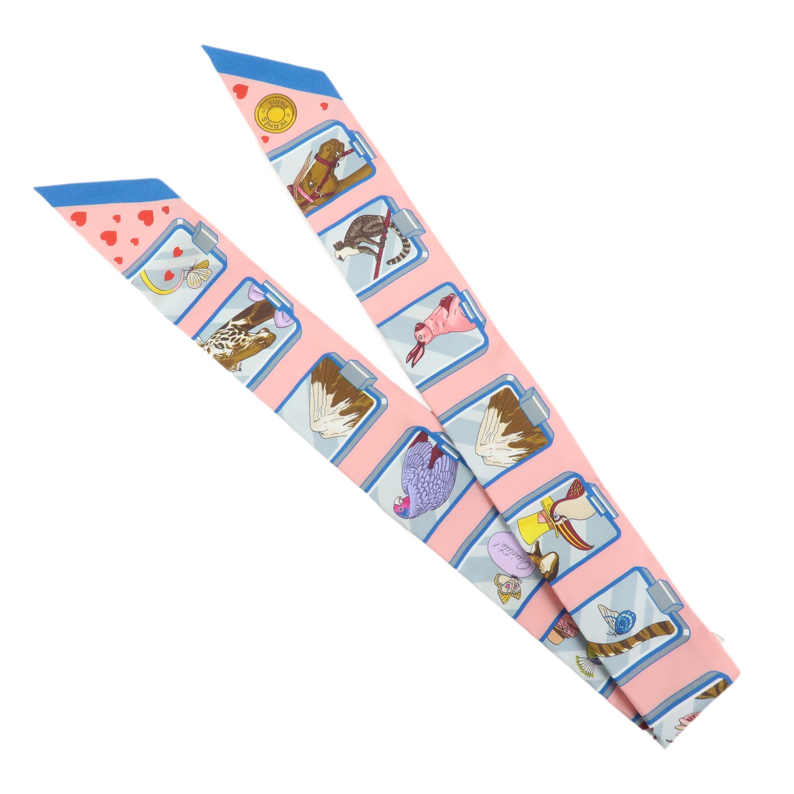 HERMES Twilly Silk 100% HERMES STORY Scarf Pink Blue