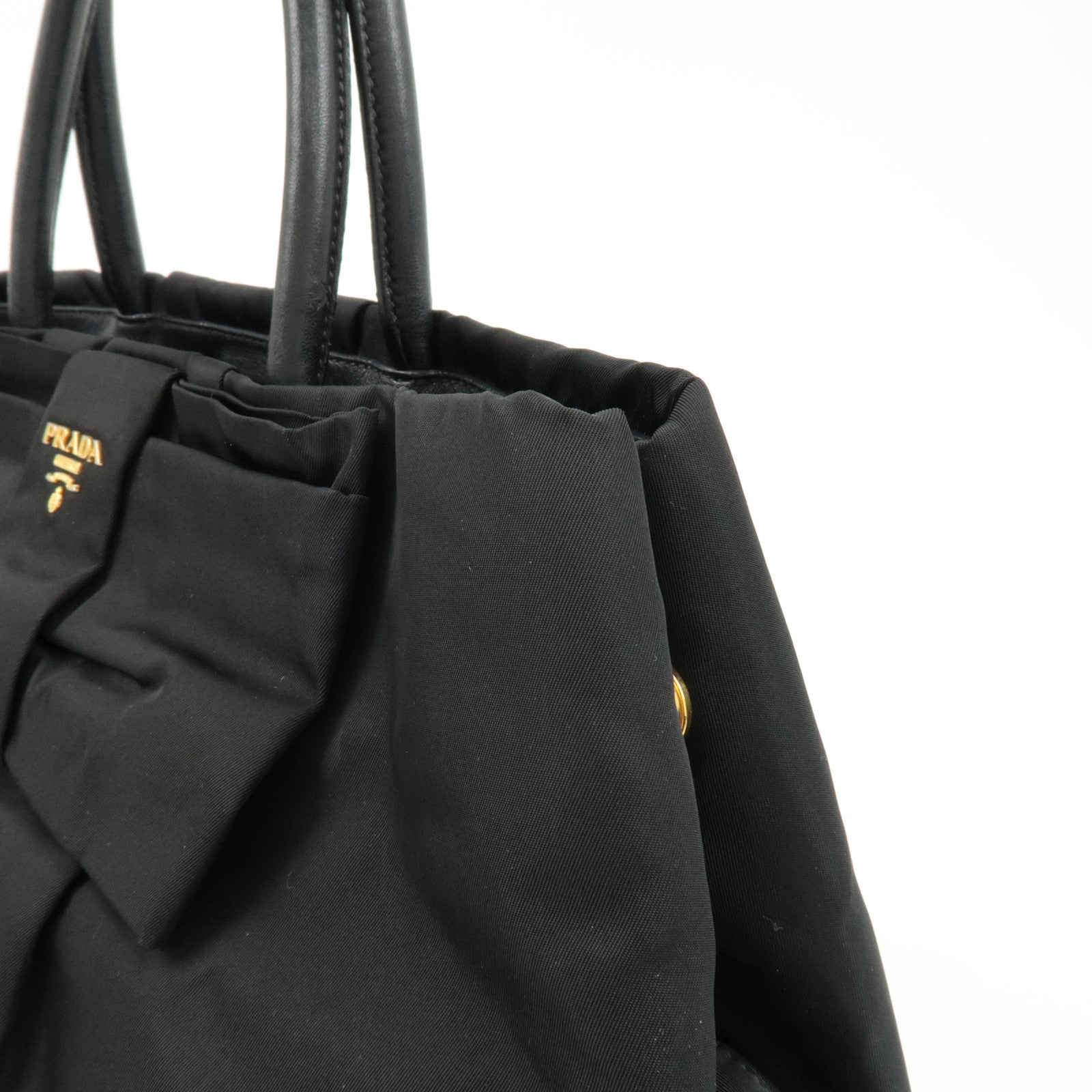 PRADA Nylon Leather Ribbon Hand Bag Tote Bag Black BN1601 Used