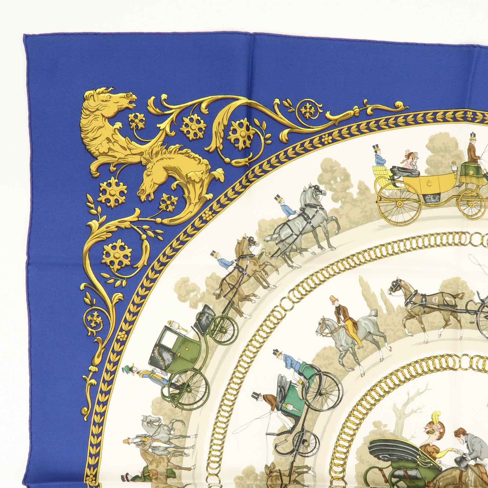 HERMES Carre 90 Silk 100% Scarf LA PROMENADE DE LONGCHAMPS Blue