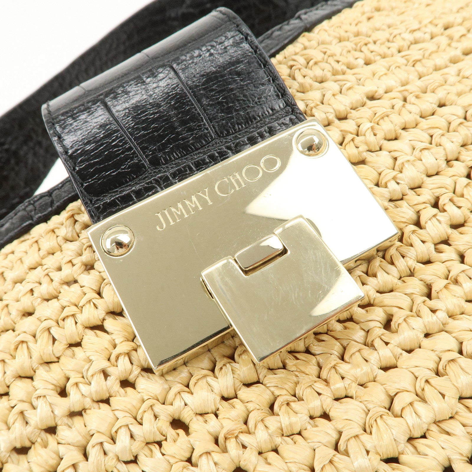 JIMMY CHOO Raffia Embossed Leather One Shoulder Bag Natural Black