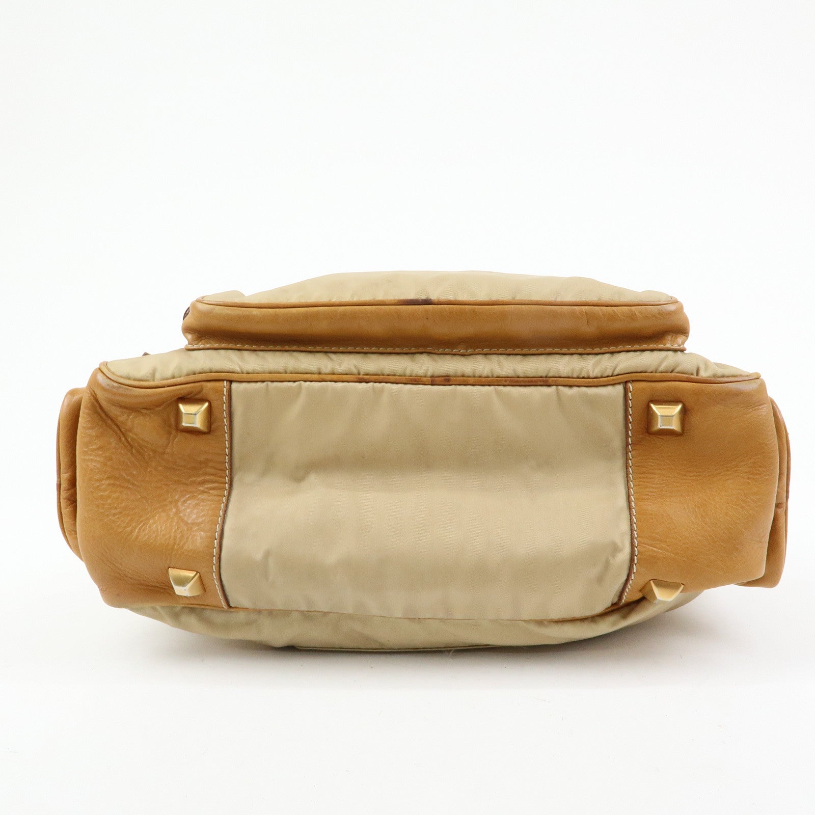 PRADA Triangle Logo Nylon Leather Shoulder Hand Bag Beige Brown