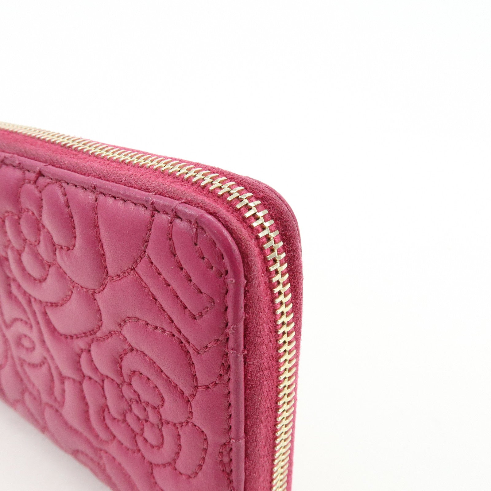 CHANEL Camellia No.5 COCO Mark Calf Leather Zippy Long Wallet Pink