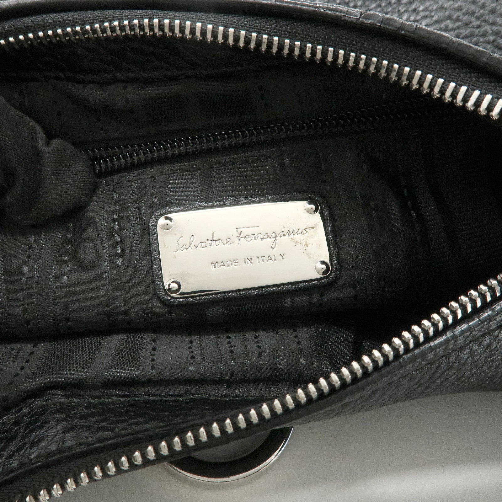 Ferragamo Gancini Leather Shoulder Bag Hand Bag Black Silver HDW