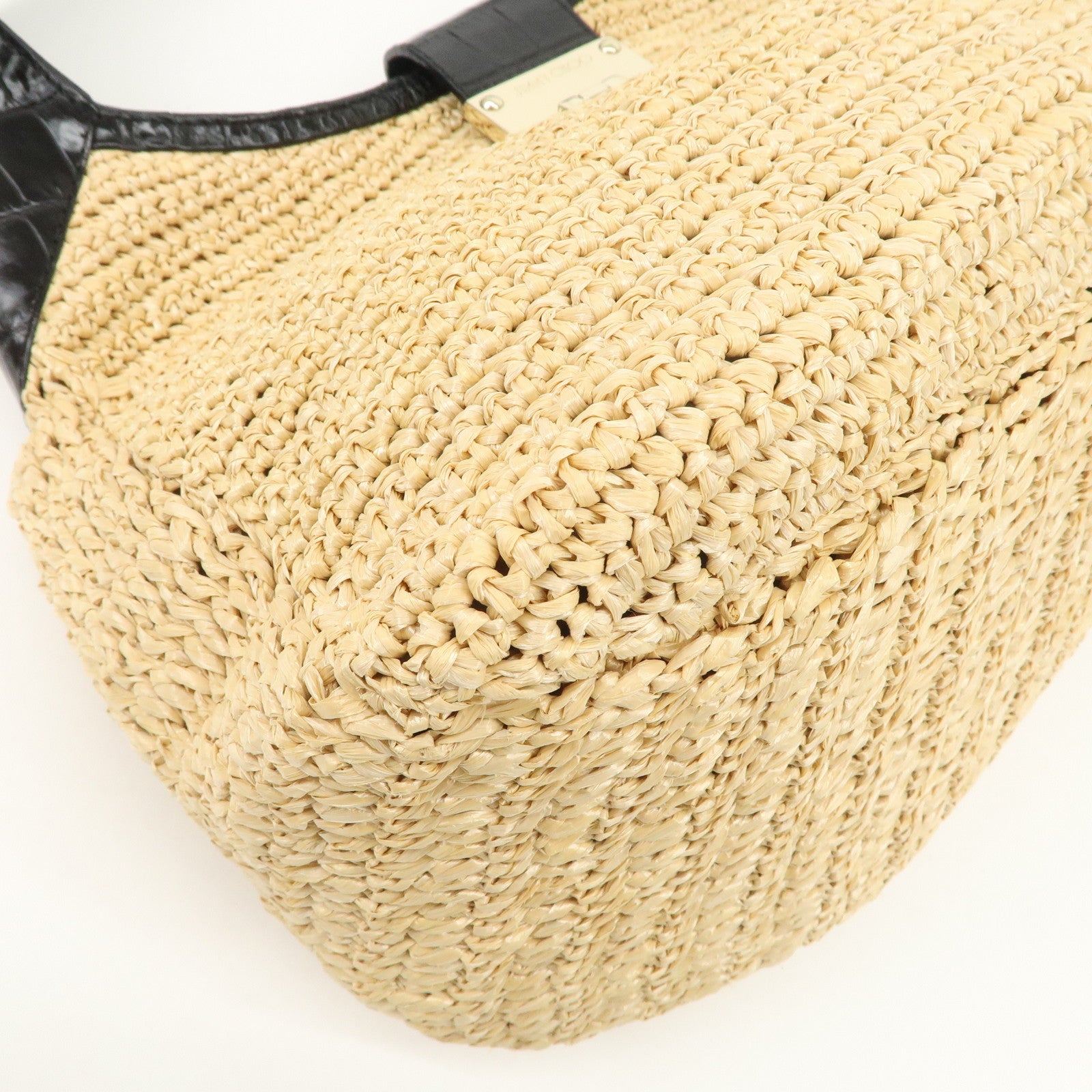 JIMMY CHOO Raffia Embossed Leather One Shoulder Bag Natural Black