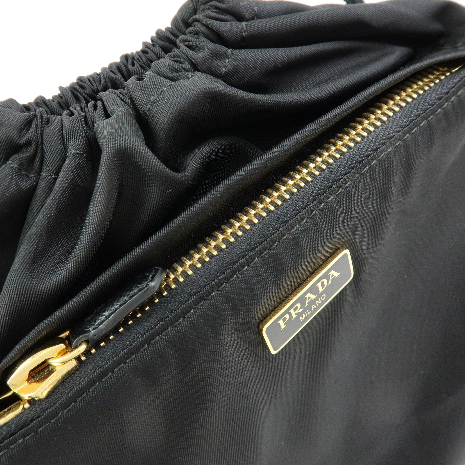 PRADA Triangle Logo Nylon Saffiano Leather Drawstring Pouch Black
