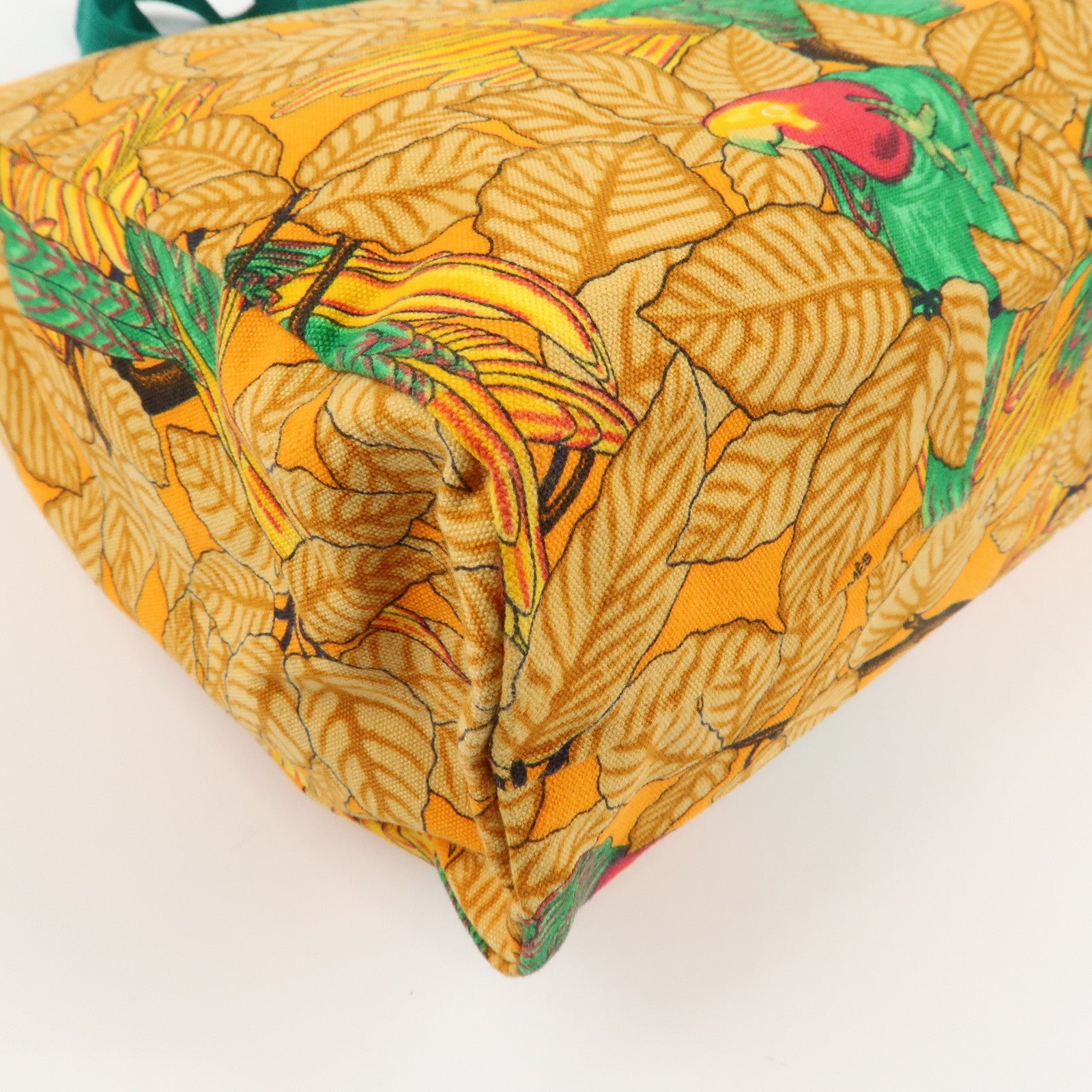 HERMES  Cotton Canvas Tote Bag Shoulder Bag Parrot Pattern Orange Green Used