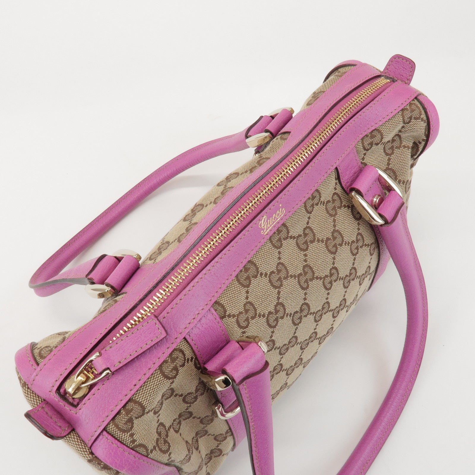 GUCCI Abbey GG Canvas Leather Mini Boston Bag Beige Fuchsia 130942