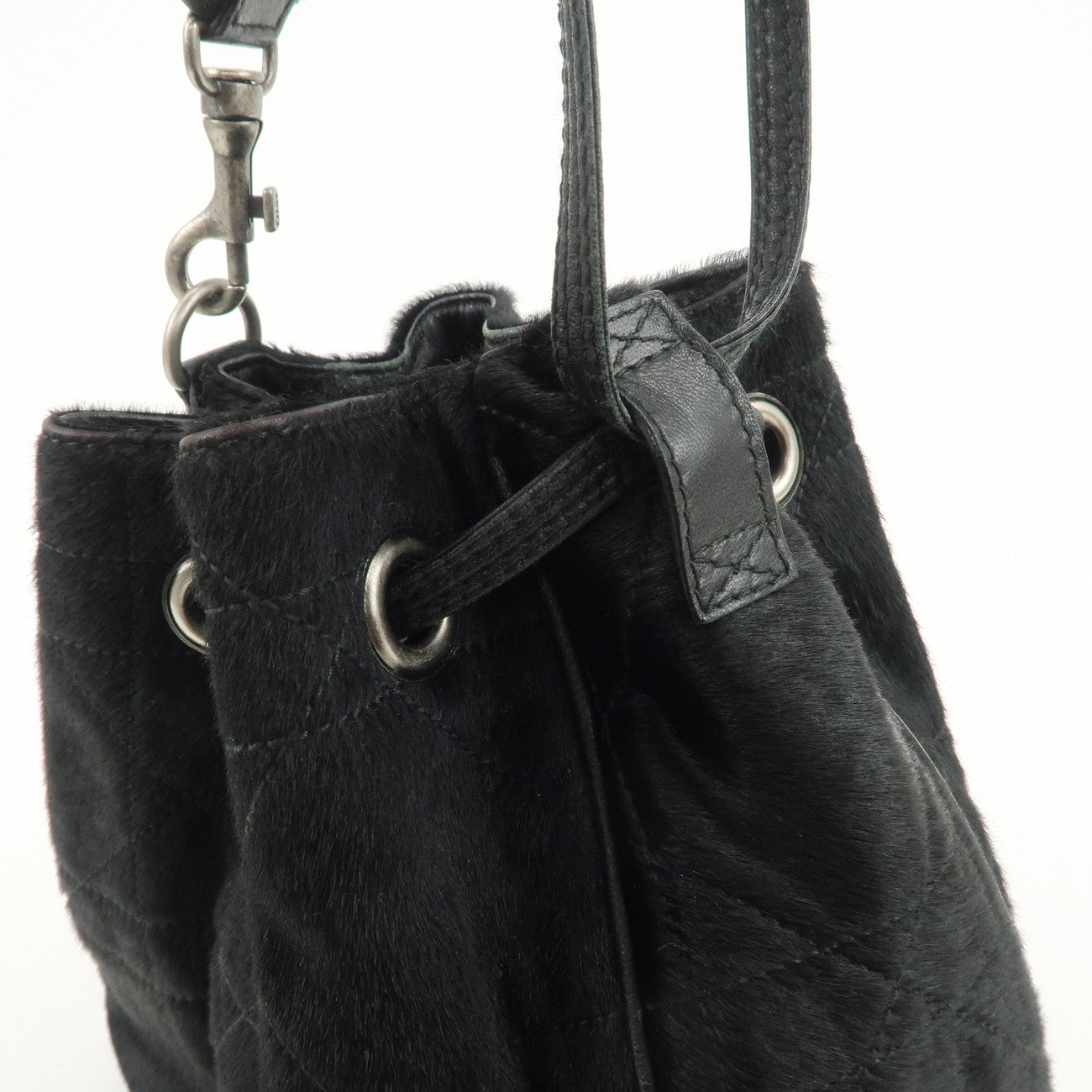 Christian Dior Unborn Carf Leather Drawstring Hand Bag Black Silver