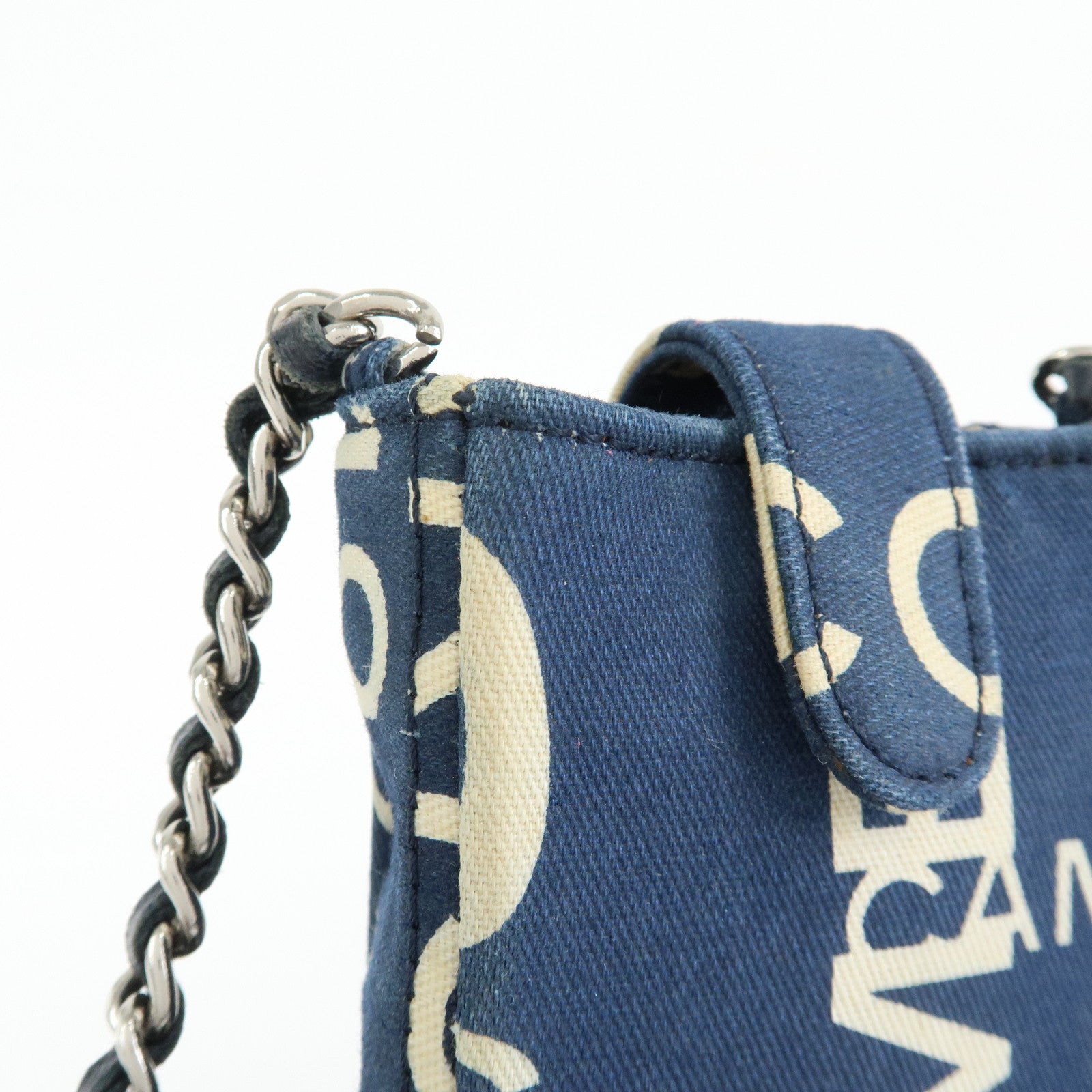 CHANEL By Sea Canvas Cell Phone Chain Shoulder Bag Navy