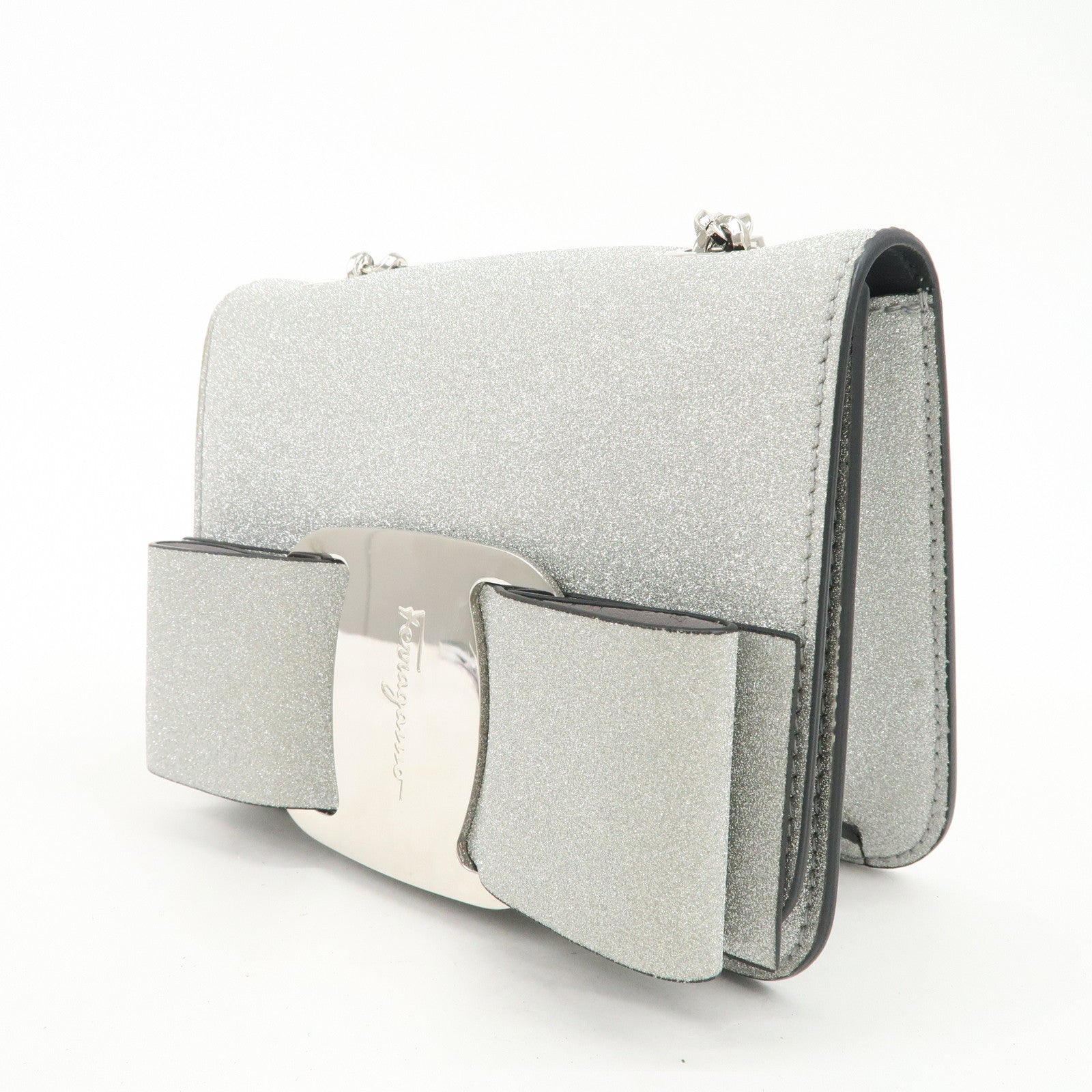 Ferragamo Vara Ribbon Leather 2WAY Bag Shoulder Bag Silver