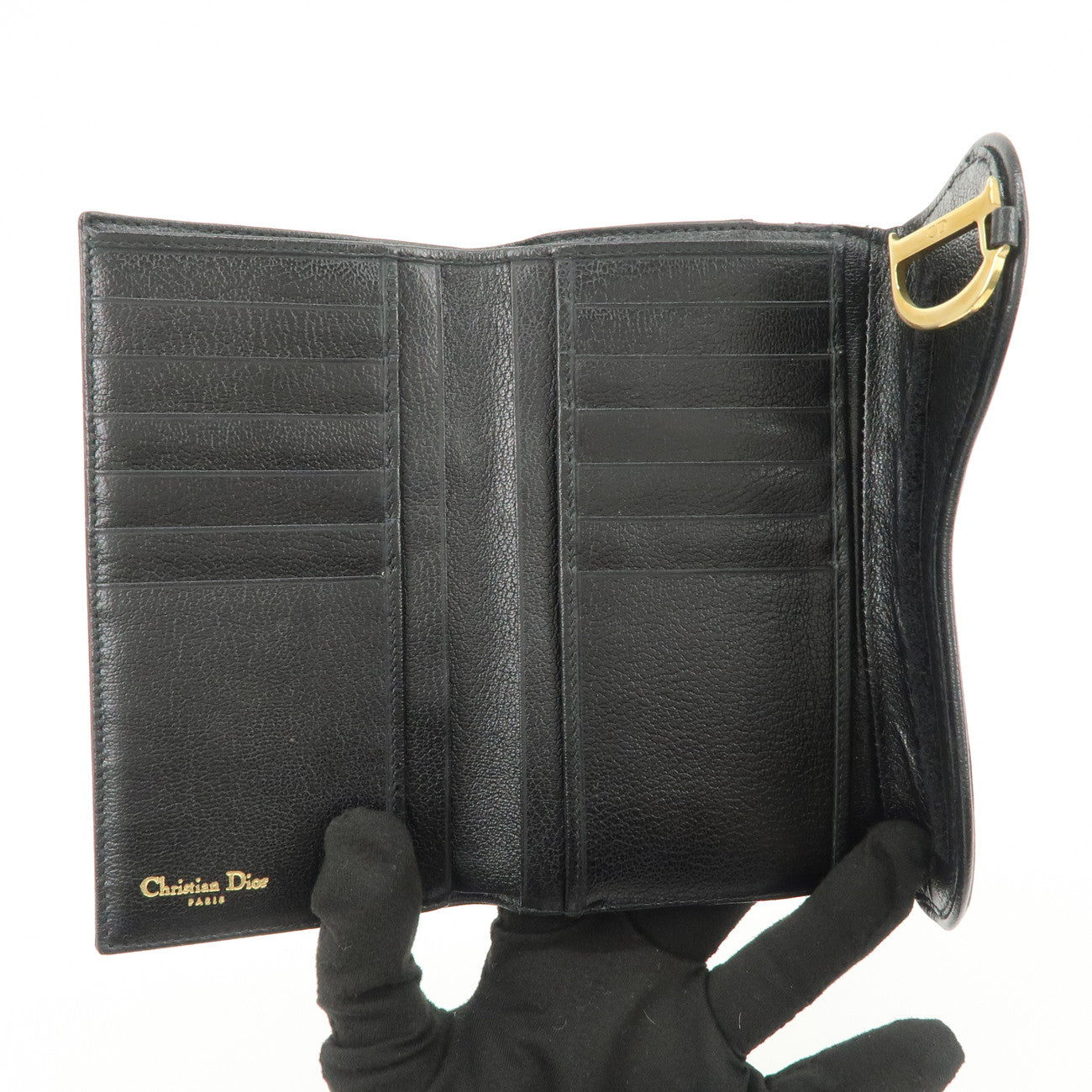 Christian Dior Leather Saddle Long Wallet Black Gold