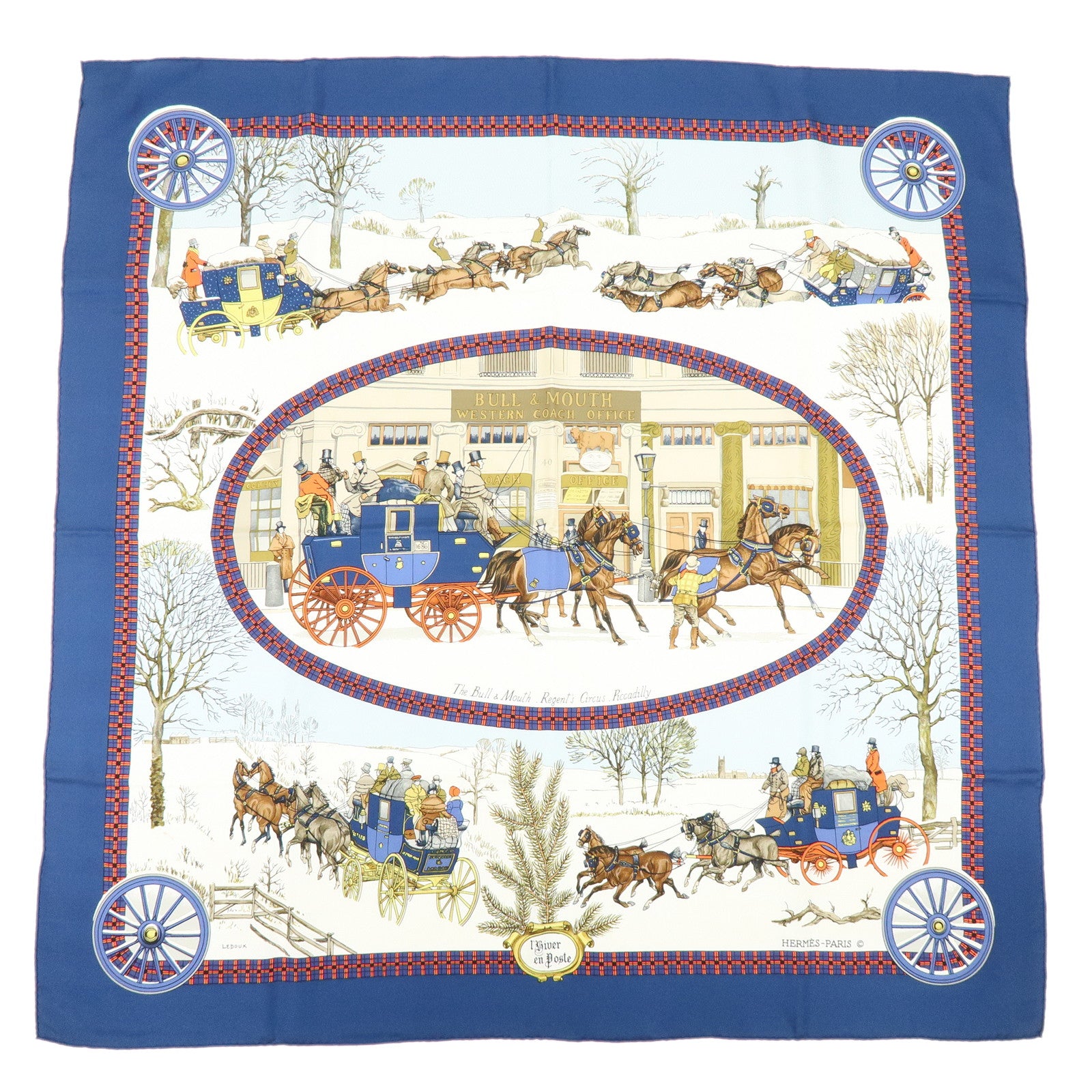 HERMES Carre 90 Silk 100% L'HIVER EN POSTE Scarf Navy Brown