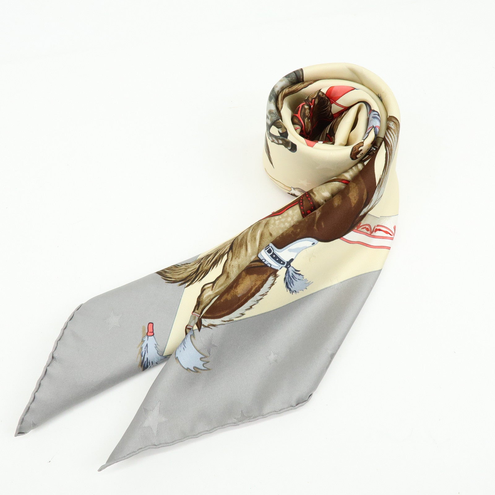 HERMES Carre 90 Silk 100% Scarf EN PISTE Horse Print Beige Gray