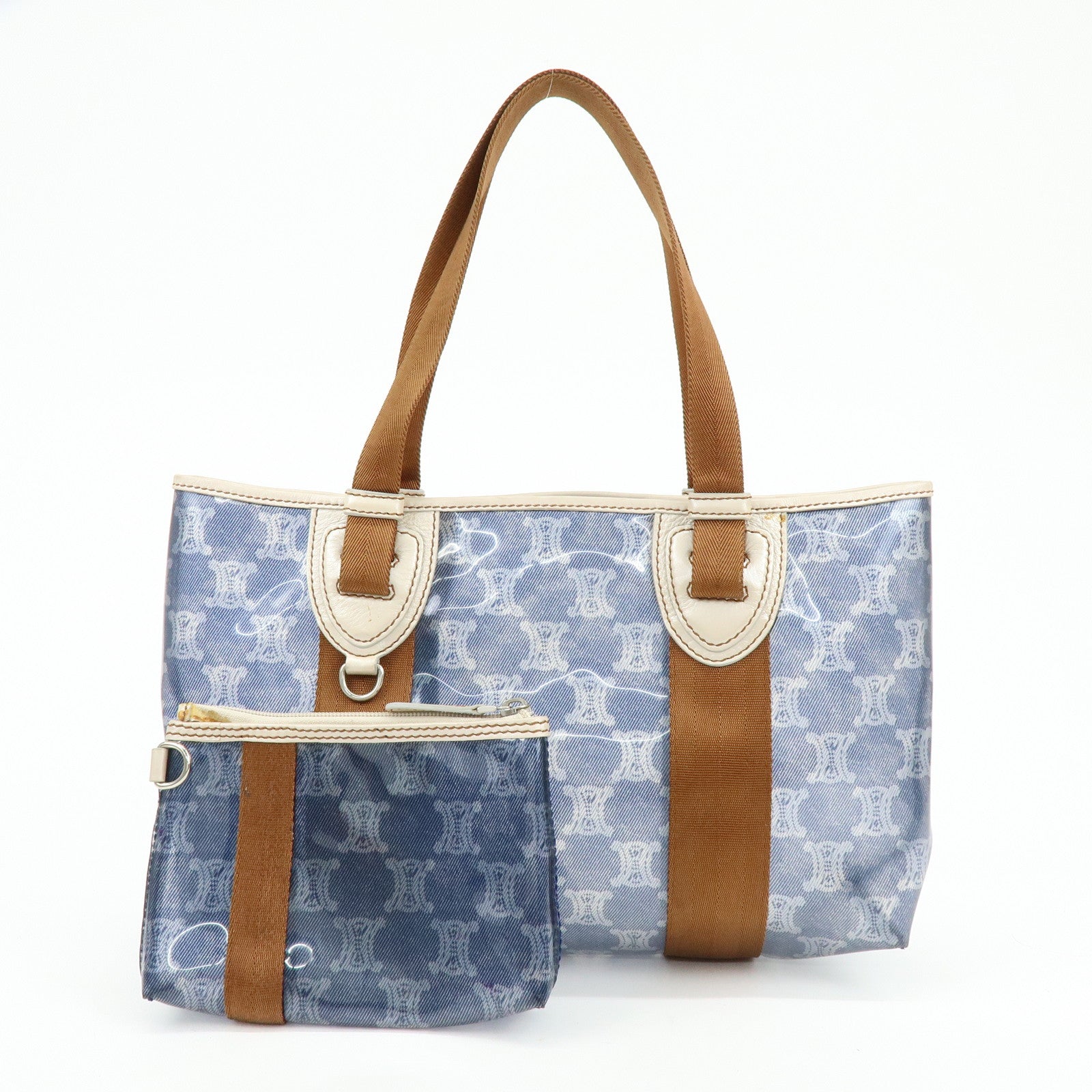 CELINE Macadam Vinyl Leather Tote Bag Hand Bag Blue Brown