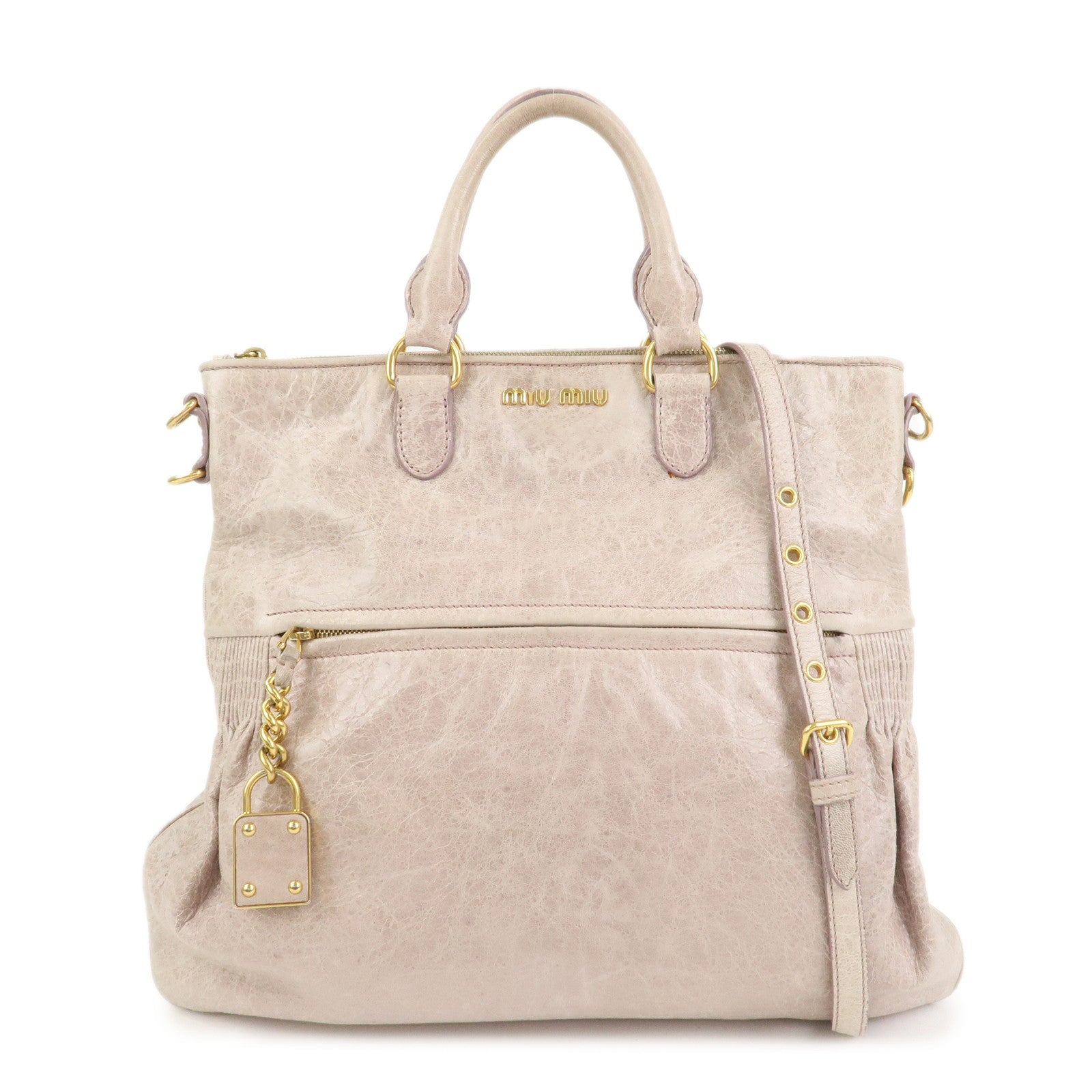 MIU MIU Logo Leather  2Way Bag Hand Bag Shoulder Bag Ivory