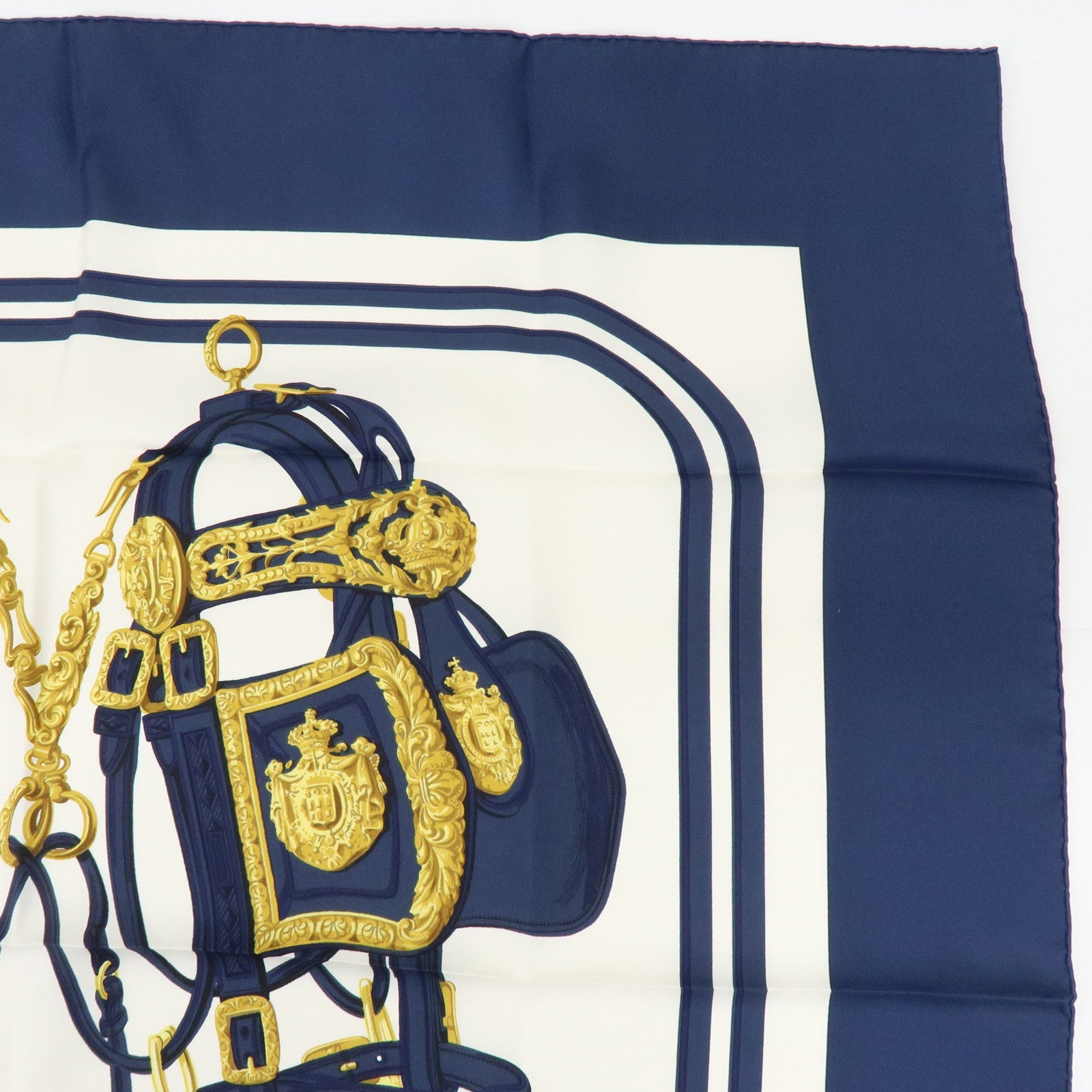 HERMES Carre 90 Silk 100% Scarf BRIDES DE GALA Navy Gold