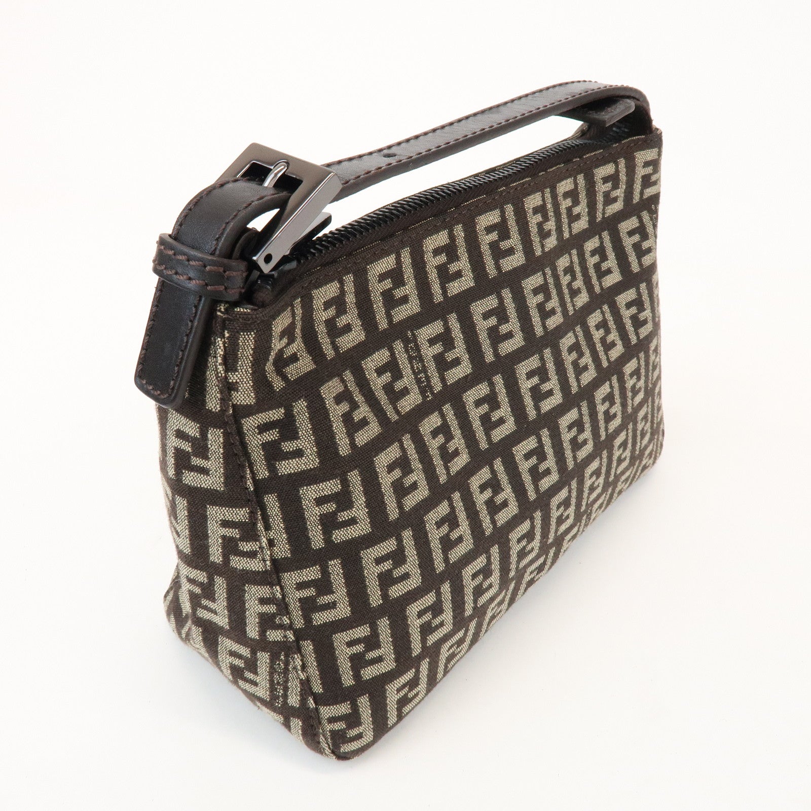 FENDI Zucchino Canvas Leather Hand Bag Pouch Bag Brown 8N00001