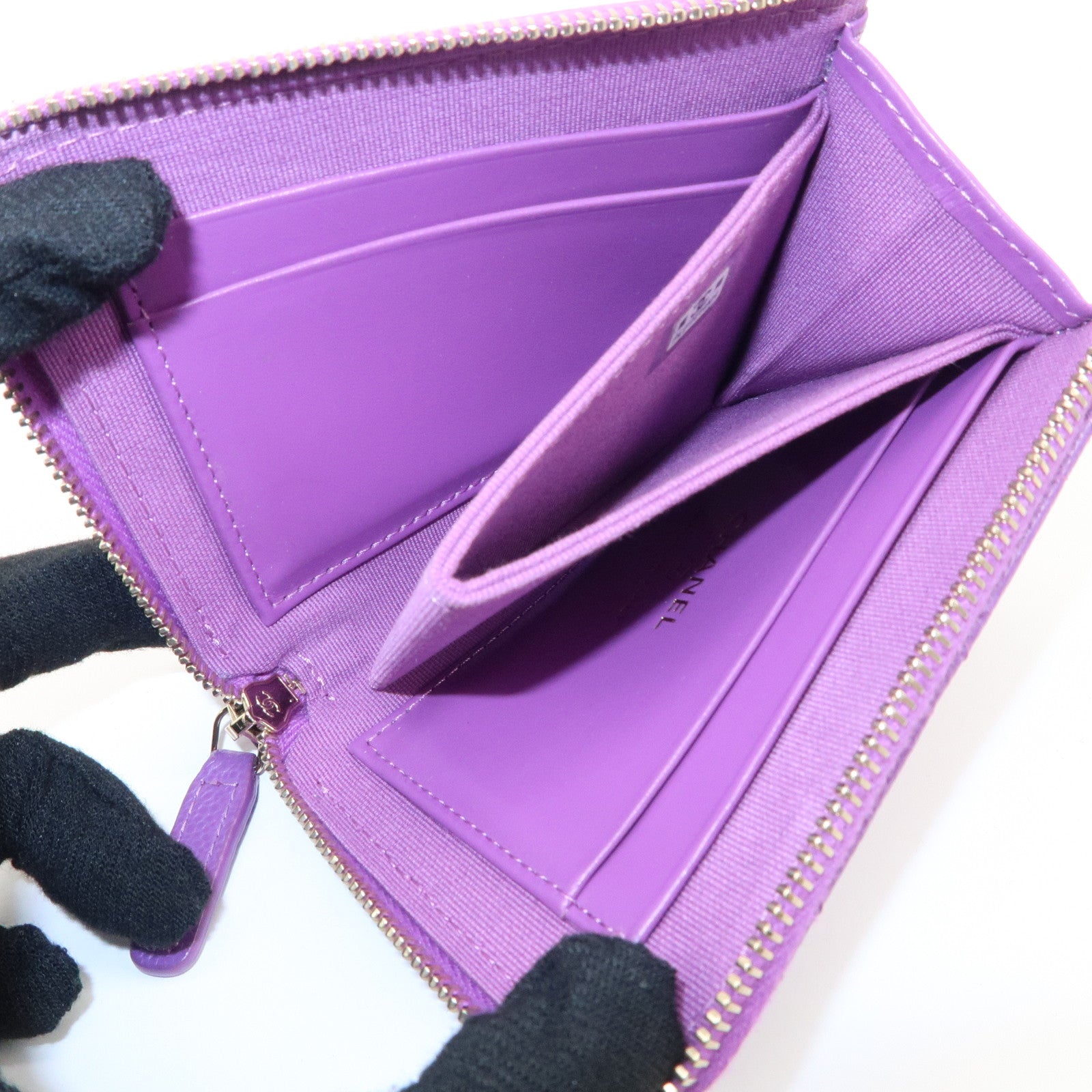 CHANEL Matelasse COCO Mark Caviar Skin Round Zippy Coin Purse Purple Used