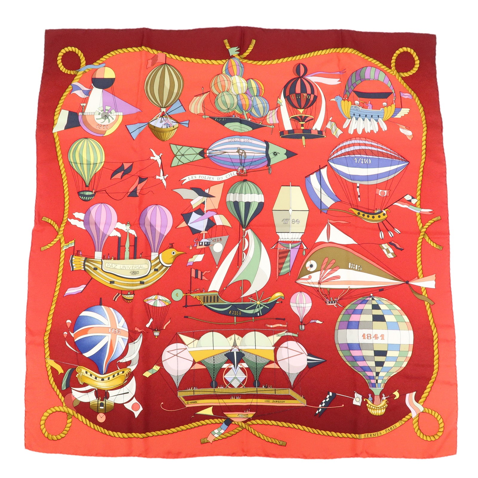 HERMES Carre 90 Silk 100% LES FOLIES DU CIEL Scarf Red Wine Red