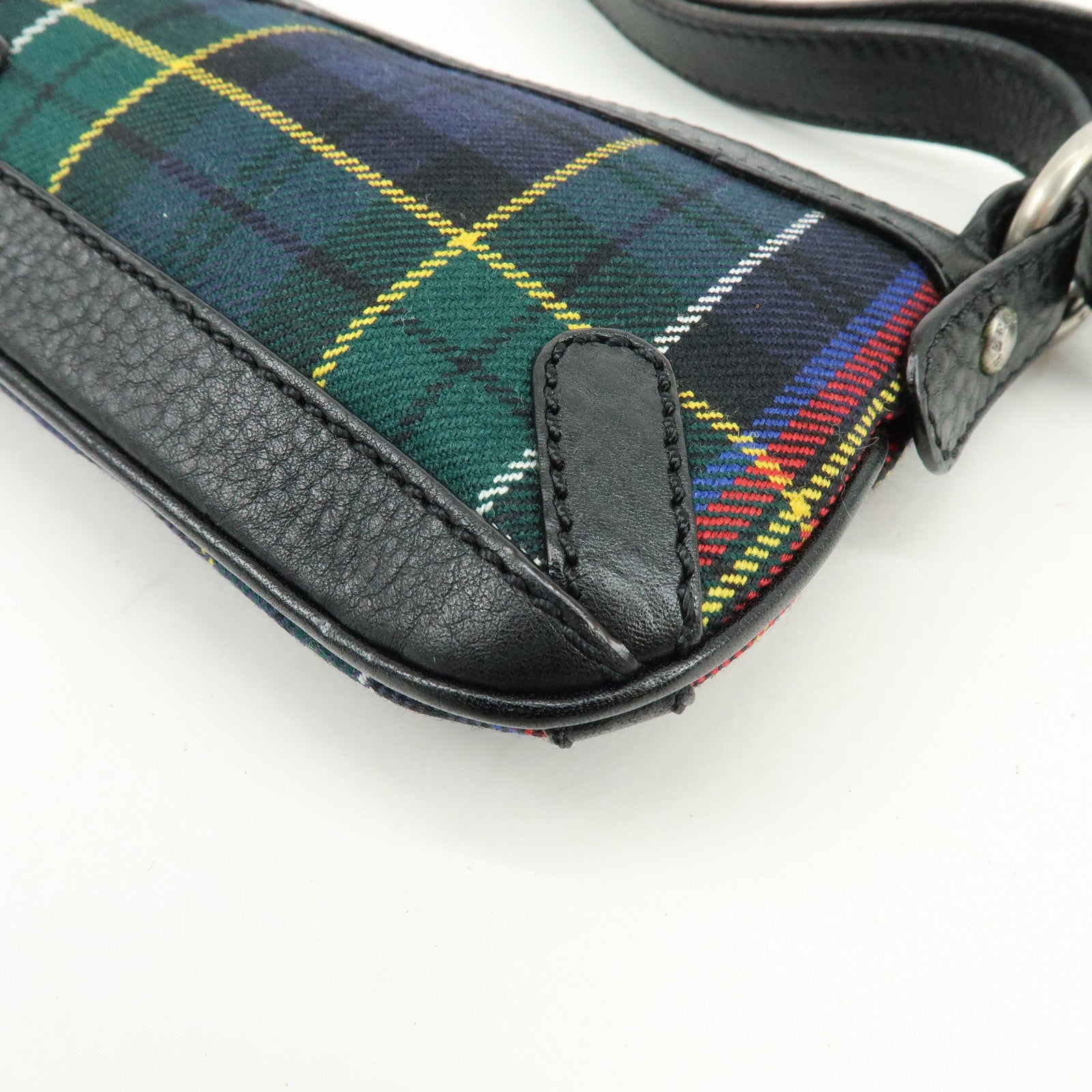 BURBERRY Canvas Leather Plaid Shoulder Bag Black Green