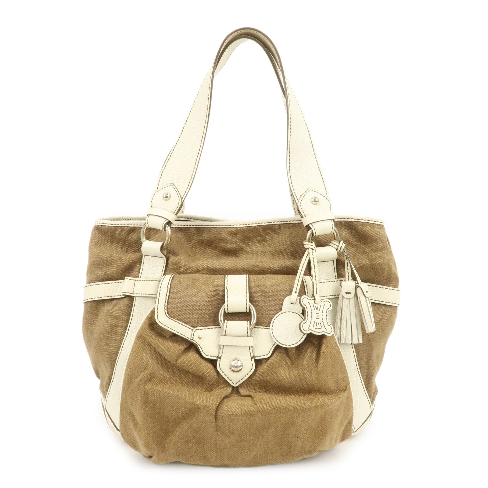 CELINE Logo Canvas Leather Tote Bag Shoulder Bag Brown Ivory