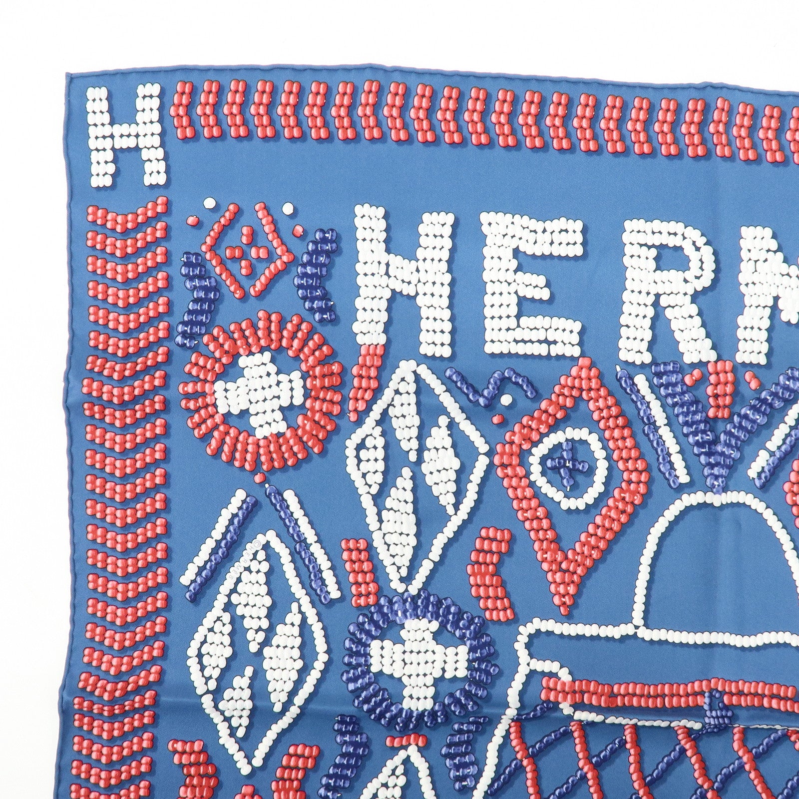 HERMES Carre 65 Silk 100% Scarf KELLY EN PERLES Pearl Print Blue