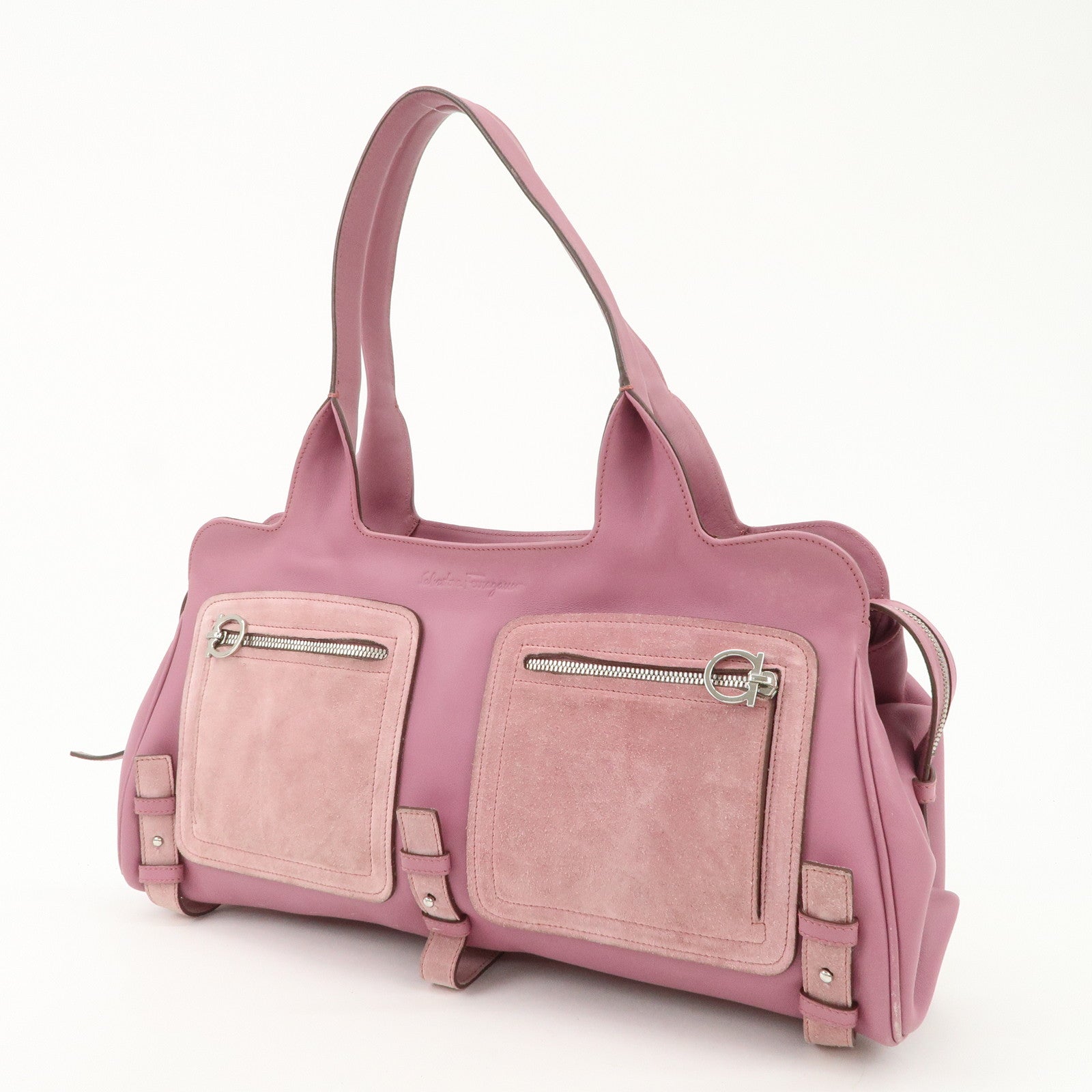 Ferragamo Gancini Leather Suede Shoulder Bag Hand Bag Pink