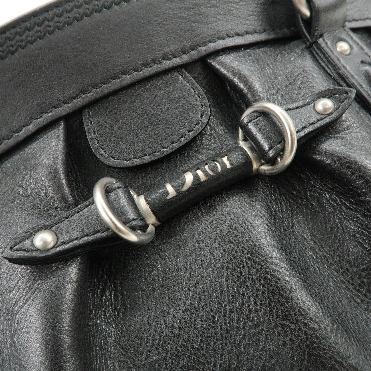 Christian Dior Logo Leather Hand Bag Shoulder Bag Black Silver