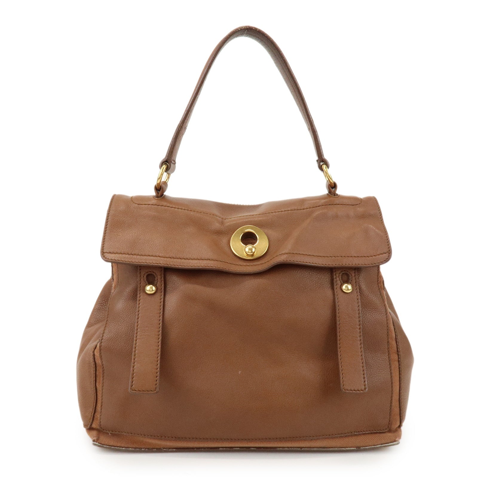 SAINT LAURENT PARIS Muse Two Leather Canvas Hand Bag Brown 229680