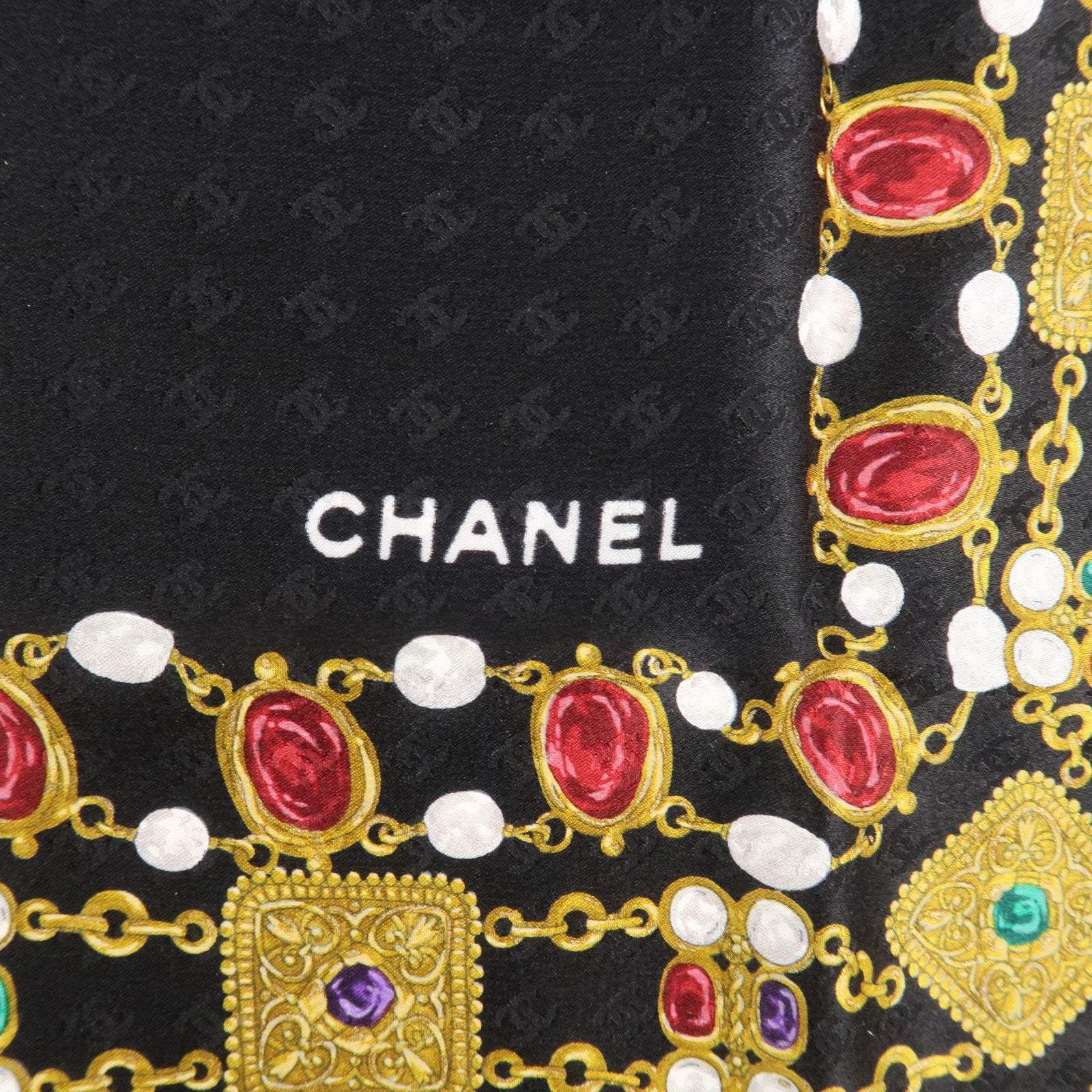 CHANEL COCO Mark Silk 100 % Jewelry Pattern Scarf Black Multi Color Used