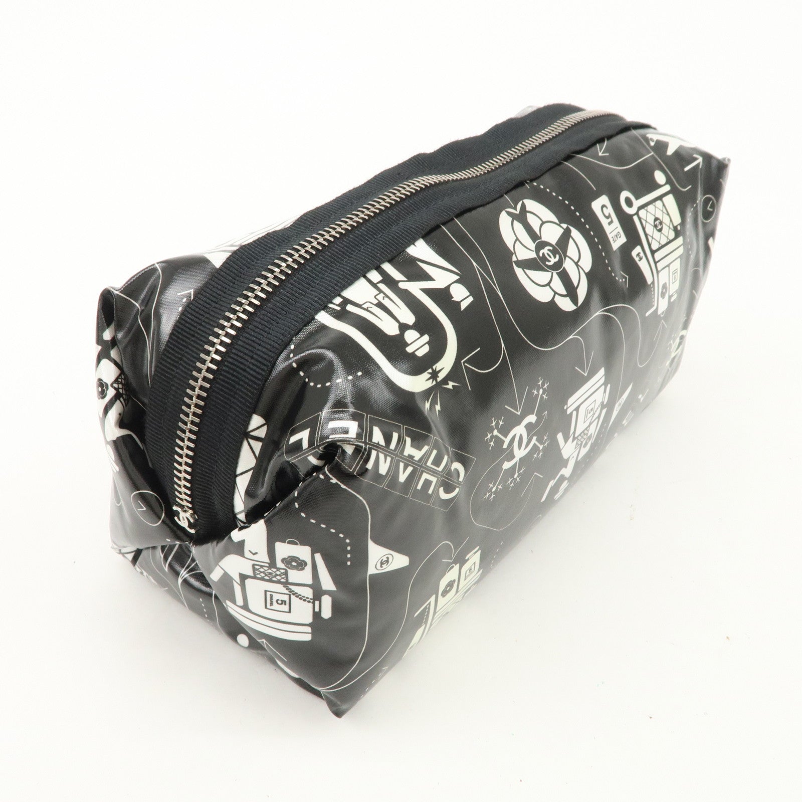 CHANEL Airline Nylon Pouch Cosmetic Pouch Black White
