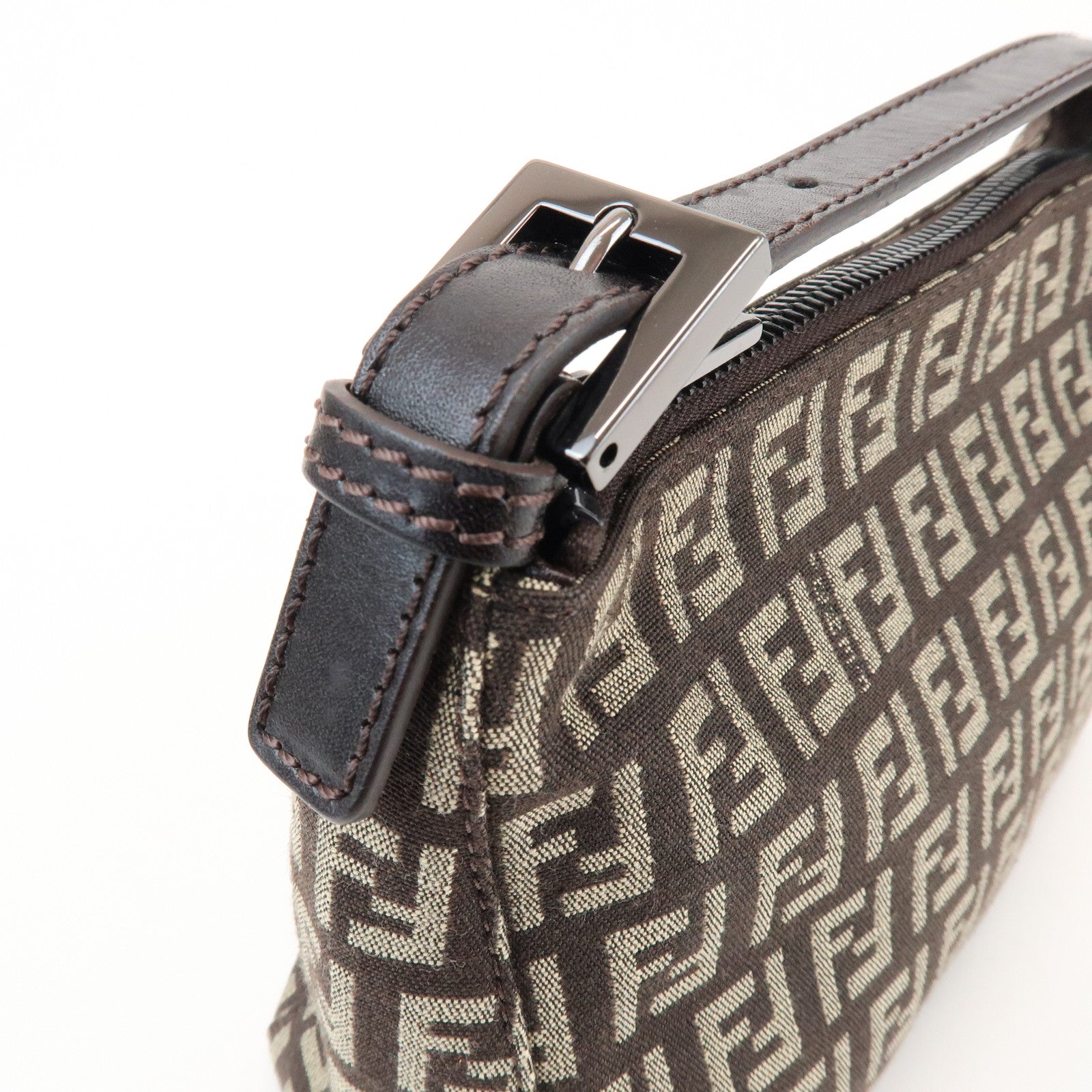 FENDI Zucchino Canvas Leather Hand Bag Pouch Bag Brown 8N00001