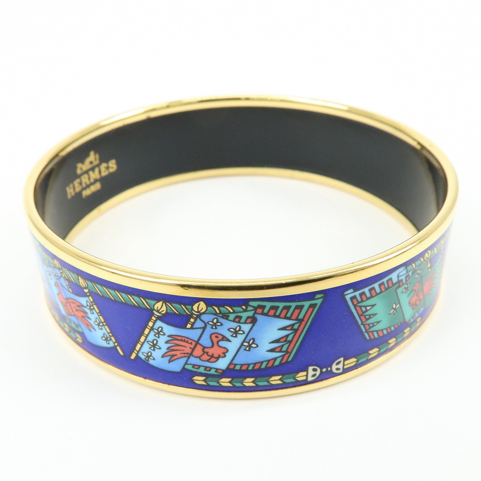 HERMES Email GM Gold Plated Bangle Bracelet Blue Multicolor