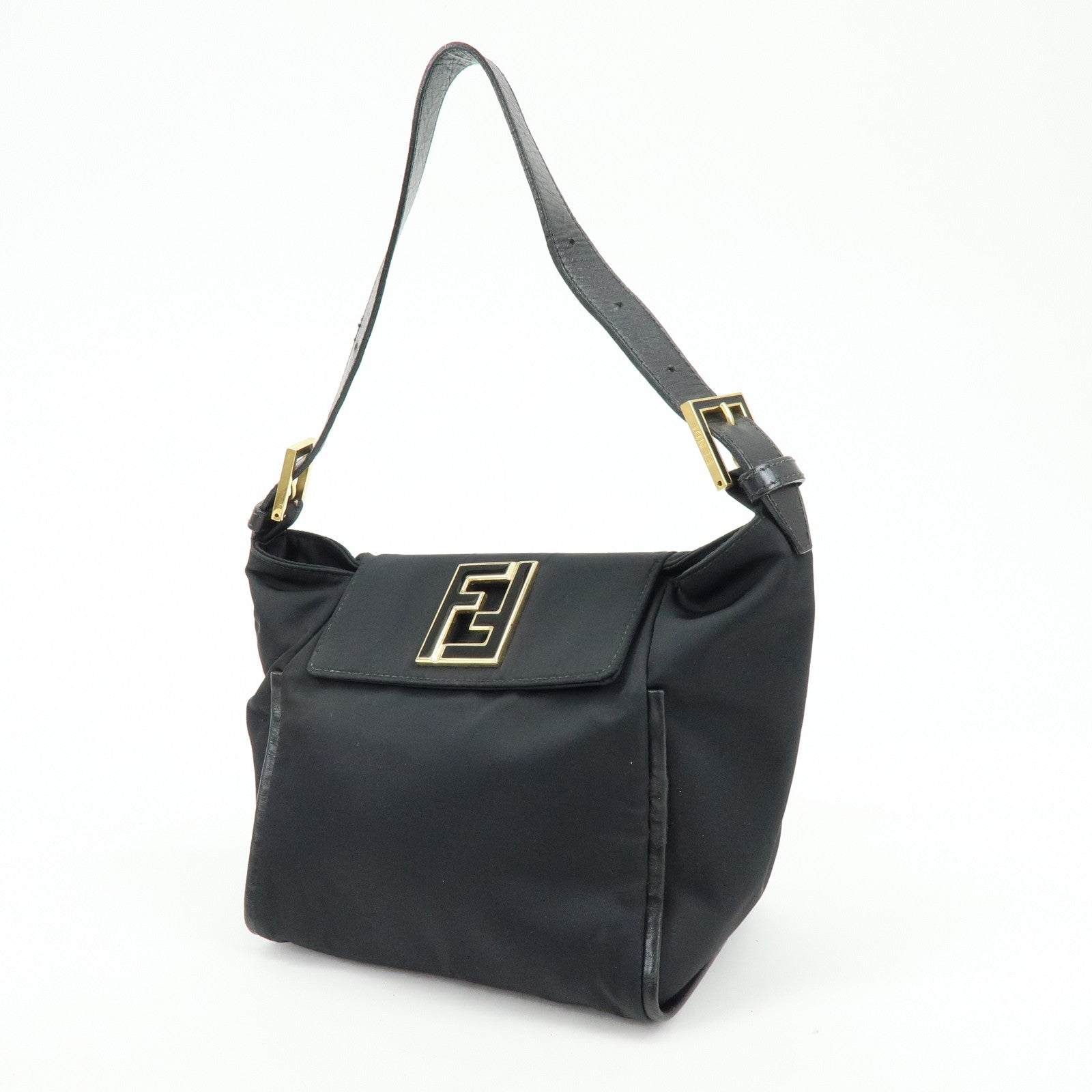FENDI Nylon Leather Hand Bag Shoulder Bag Black 15333