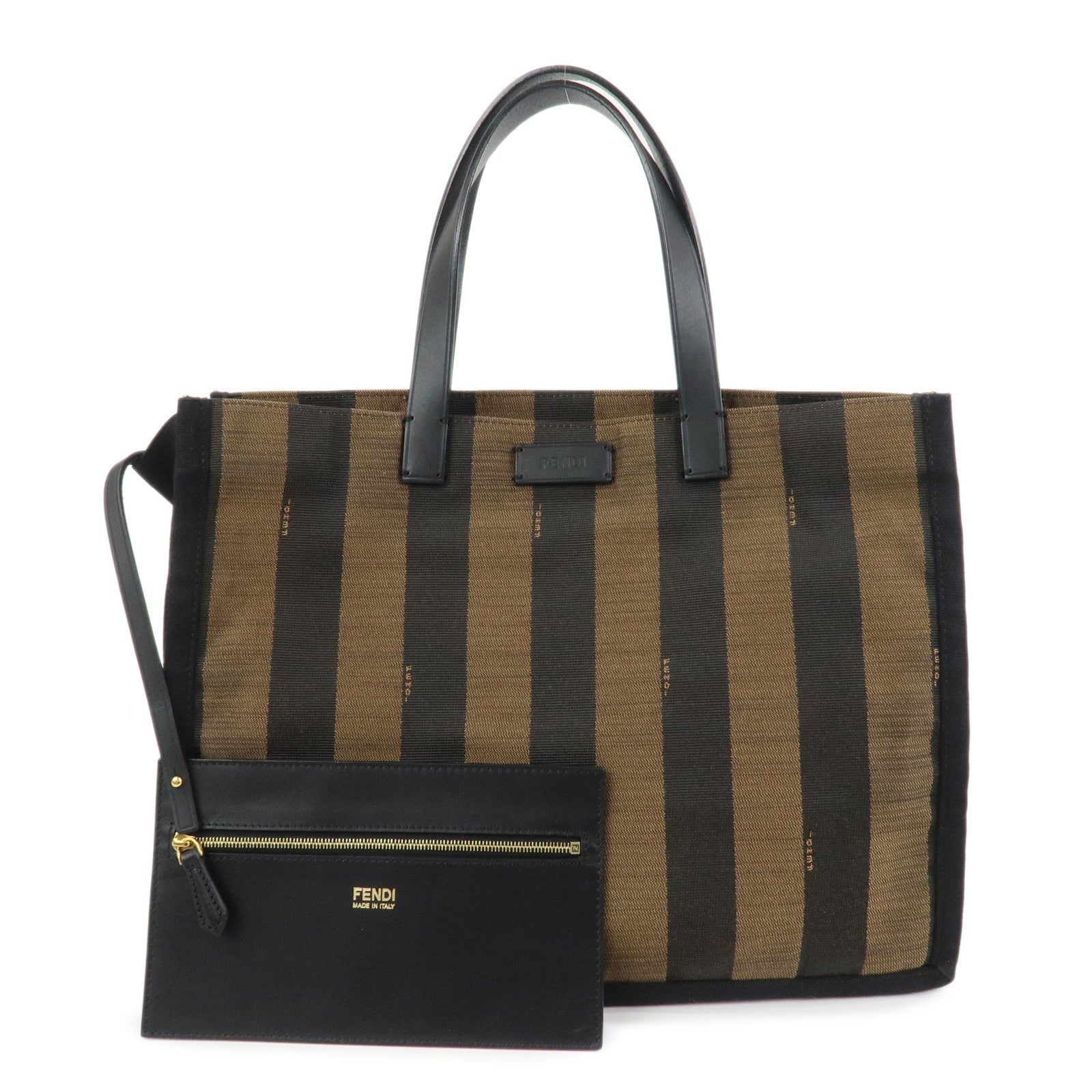 FENDI Pequin Canvas Leather Tote Bag Hand Bag Black Brown 8BH252