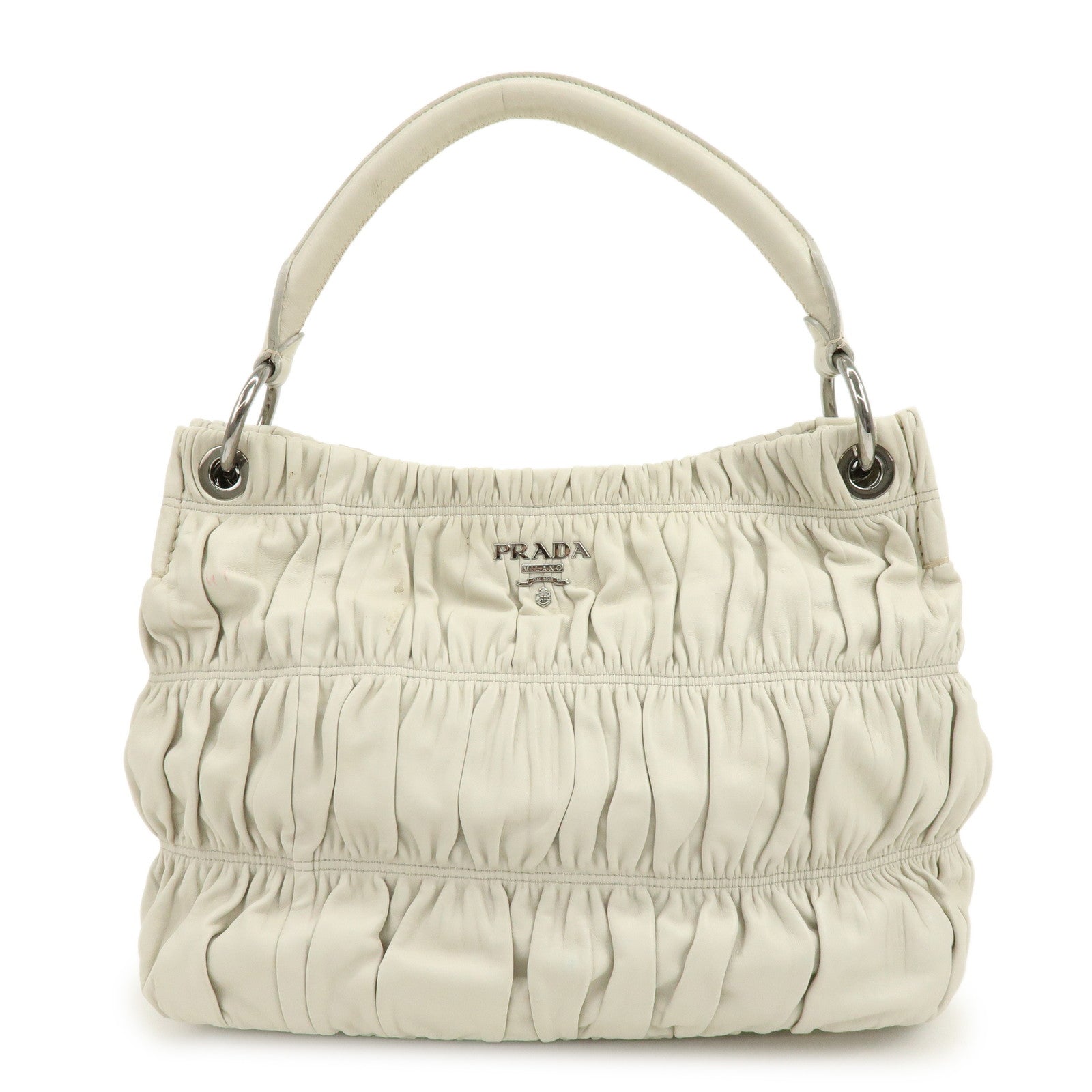 PRADA Gathered Leather Shoulder Bag Hand Bag Light Beige