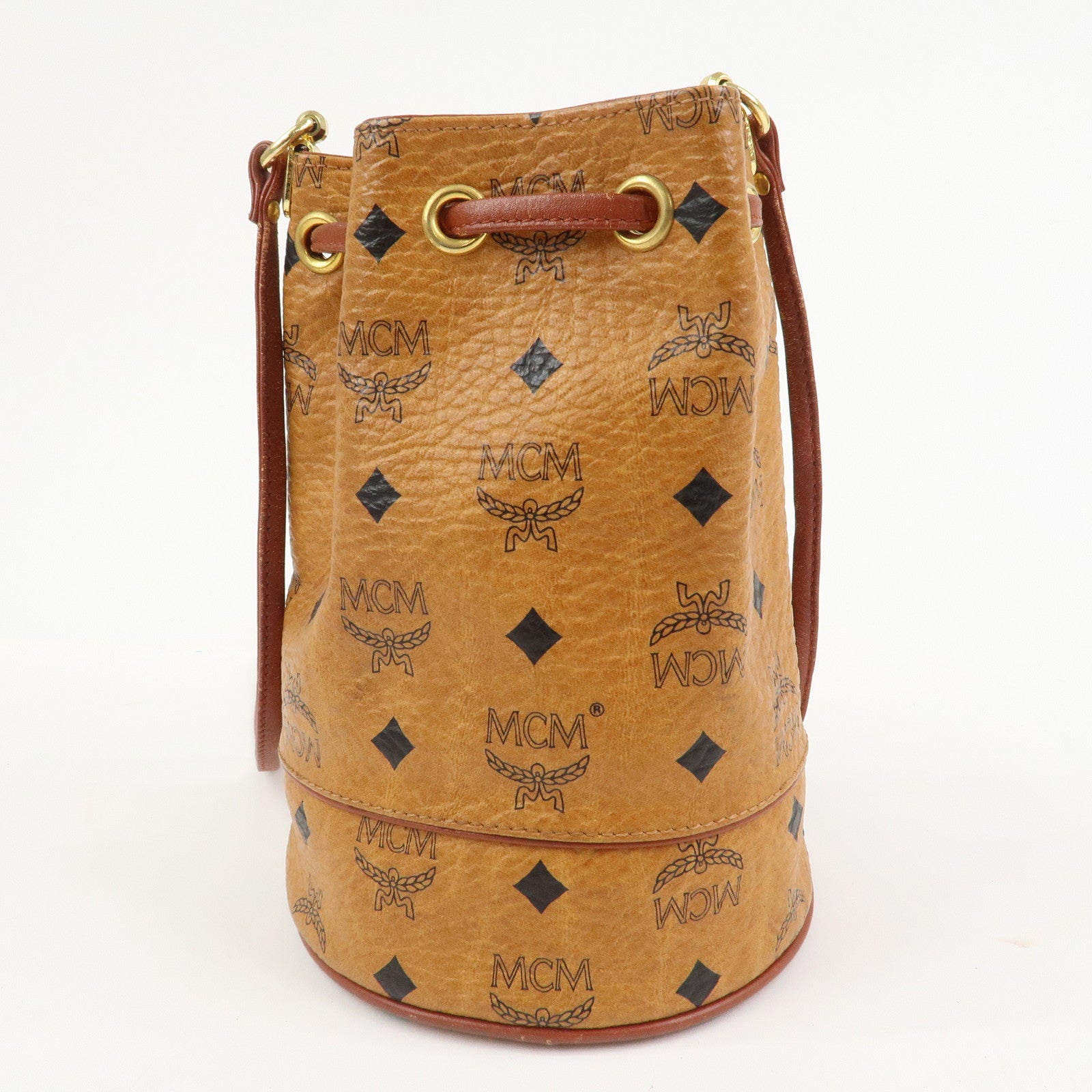 MCM Visetos Leather Drawstring Shoulder Bag Brown