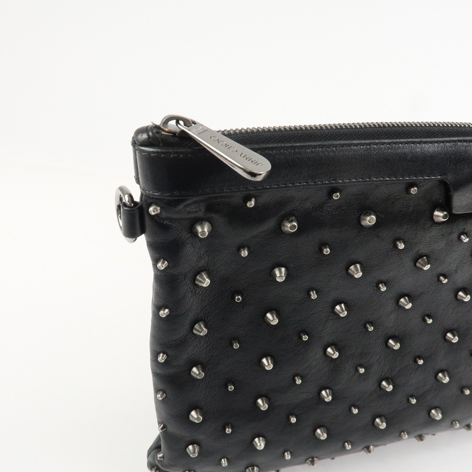 JIMMY CHOO Leather Studs Clutch Bag Black Silver HDW Used