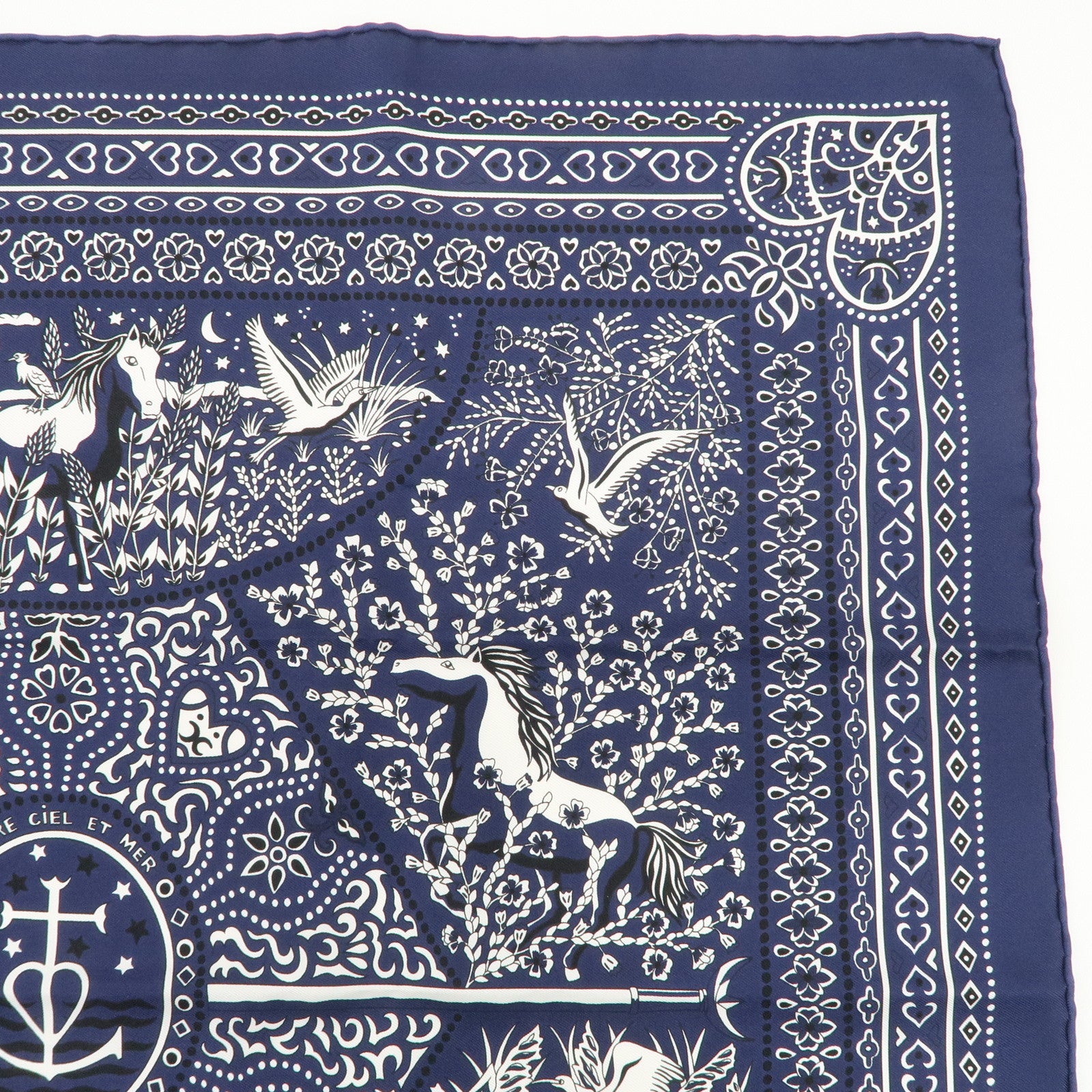 HERMES Carre 55 Silk 100% Scarf Entre Ciel et mer Navy Used