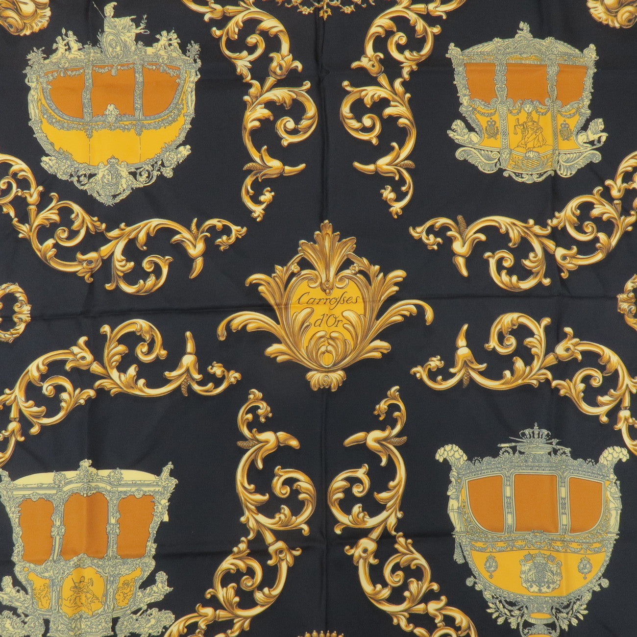 HERMES Carre 90 Silk 100% Scarf Carrosses d'Or Gold Black